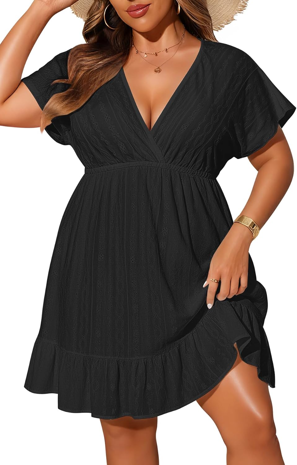 Yonique Plus Size Swimsuit Cover Up Women - V Neck Swimwear Short Sleeve Coverups Ruffle Hem Beach Dress 2026
