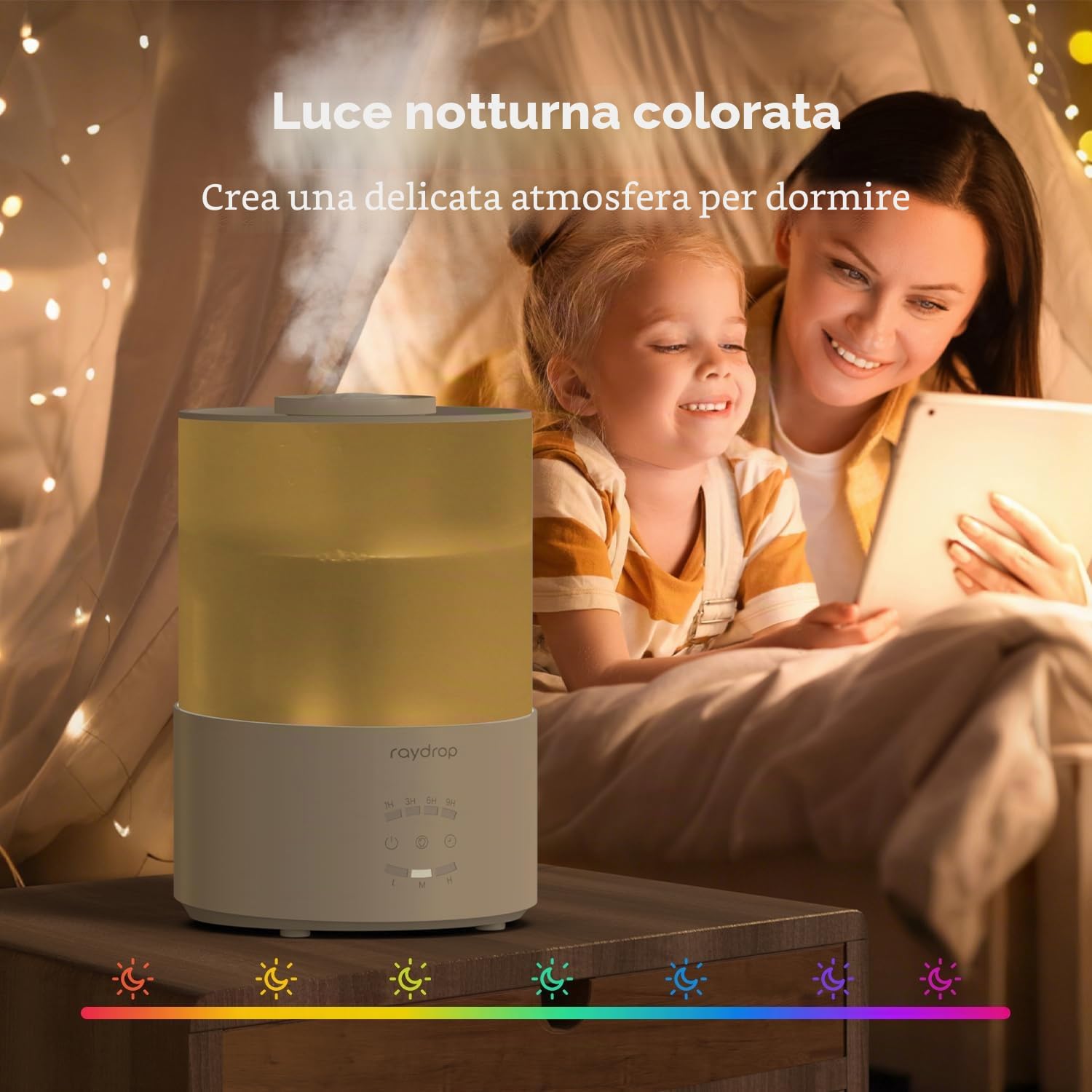 raydrop Umidificatore per camera da letto, 3 l, a ultrasuoni, per ambienti di grandi dimensioni e casa, umidificatore per neonati e piante, diffusore di aromi con luce LED, timer e spegnimento