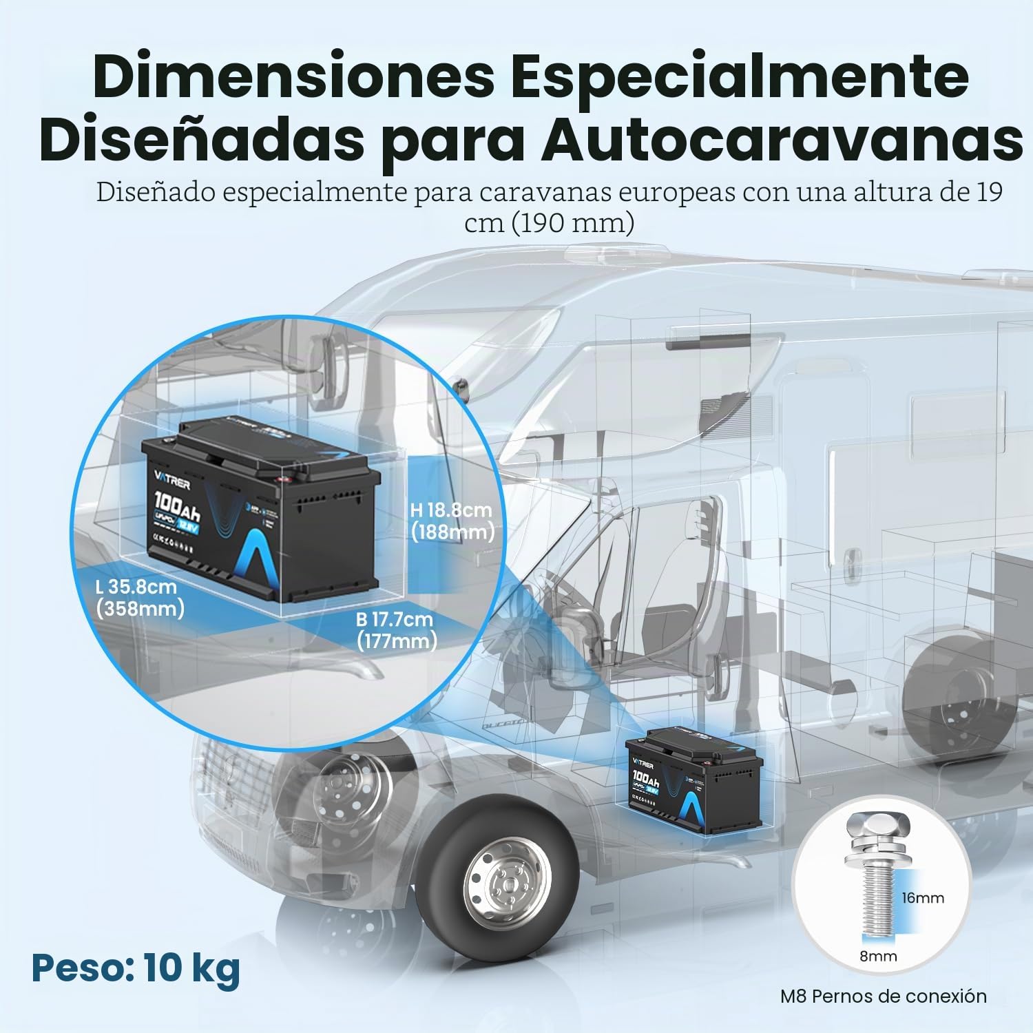 VATRER POWER Batería LiFePO4 12V 100Ah para autocaravana | Bluetooth, BMS 100A, protección baja temperatura; 1280Wh, 5000+ ciclos; altura 188mm