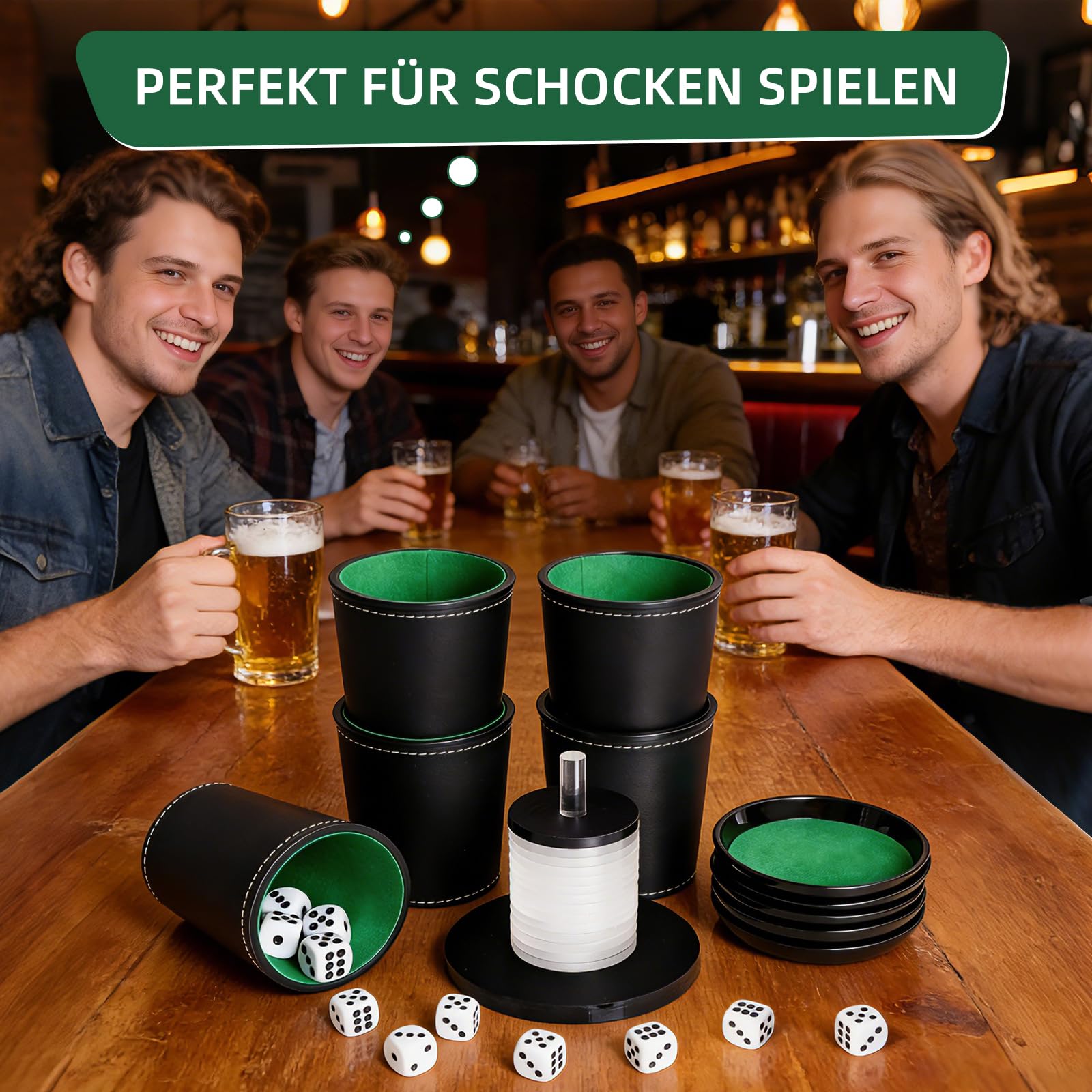 Schocken Set, Komplett mit 5 Würfelbecher Leder mit Deckel, 25 Würfeln, Schockbesteck mit 14 Acryl-Scheiben und Ständer, Schocken Würfelspiel Set für Jule Meiern Maxen Mörkeln