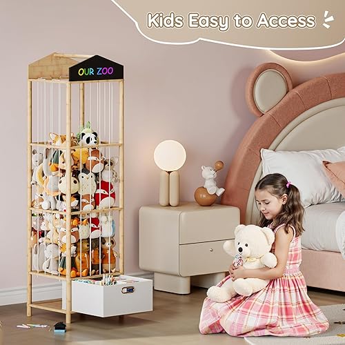 Miniatura 9 de HOOBRO Almacenamiento y organizador de animales de peluche, soporte de bambú para animales de peluche con cajón de tela y pizarra de bricolaje,