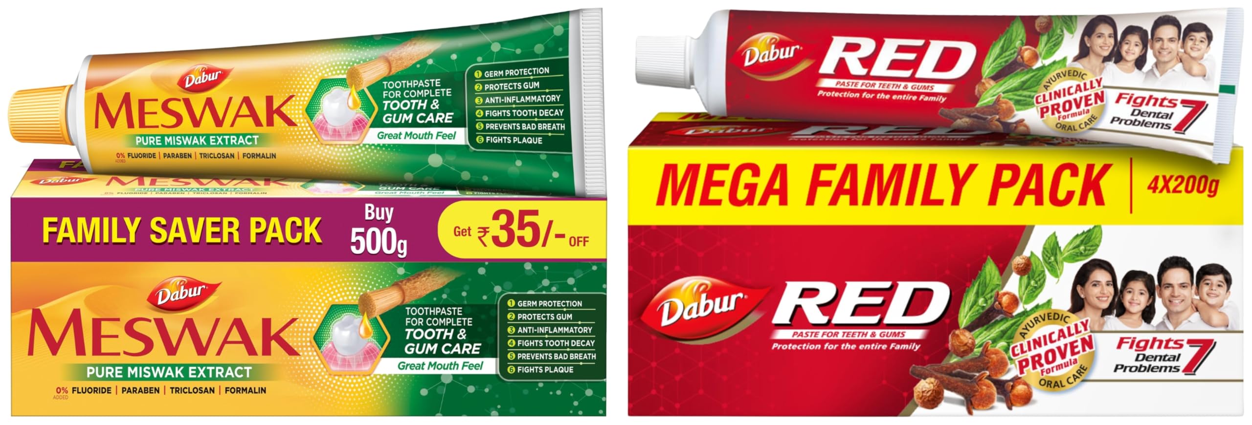 Meswak Complete Oral Care Toothpaste - 500g (2 x 200g + 1 x100g) and Red Toothpaste - 800g(200gx4) | Helps In Bad Breath Treatment, Cavity Protection, Plaque Removal | For Whole Mouth Health