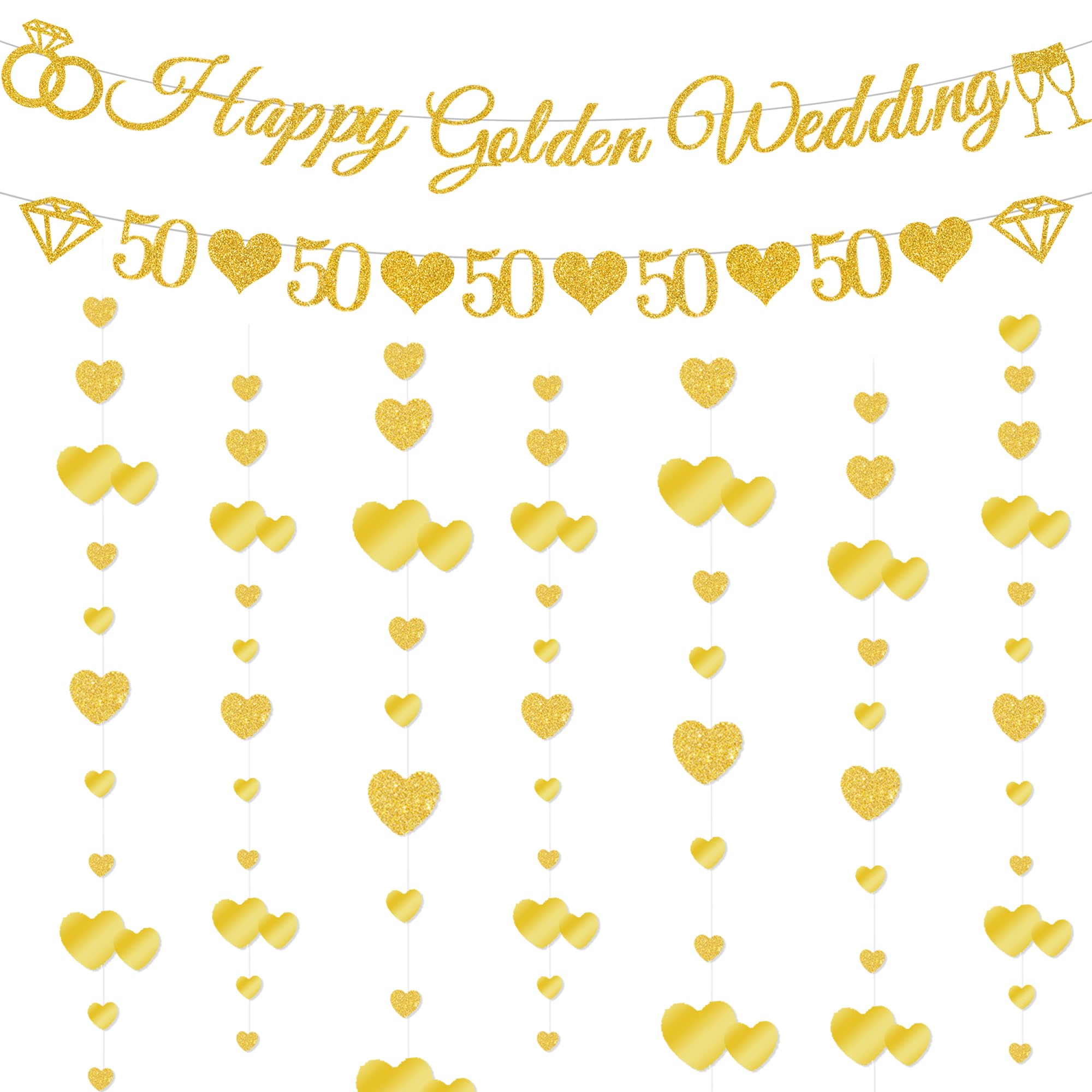 Happy 50th Wedding Anniversary Decorations - Golden Wedding Banner With Diamond and Number 50 Bunting, Glitter Hearts Garland 50th Golden Anniversary Party Supplies
