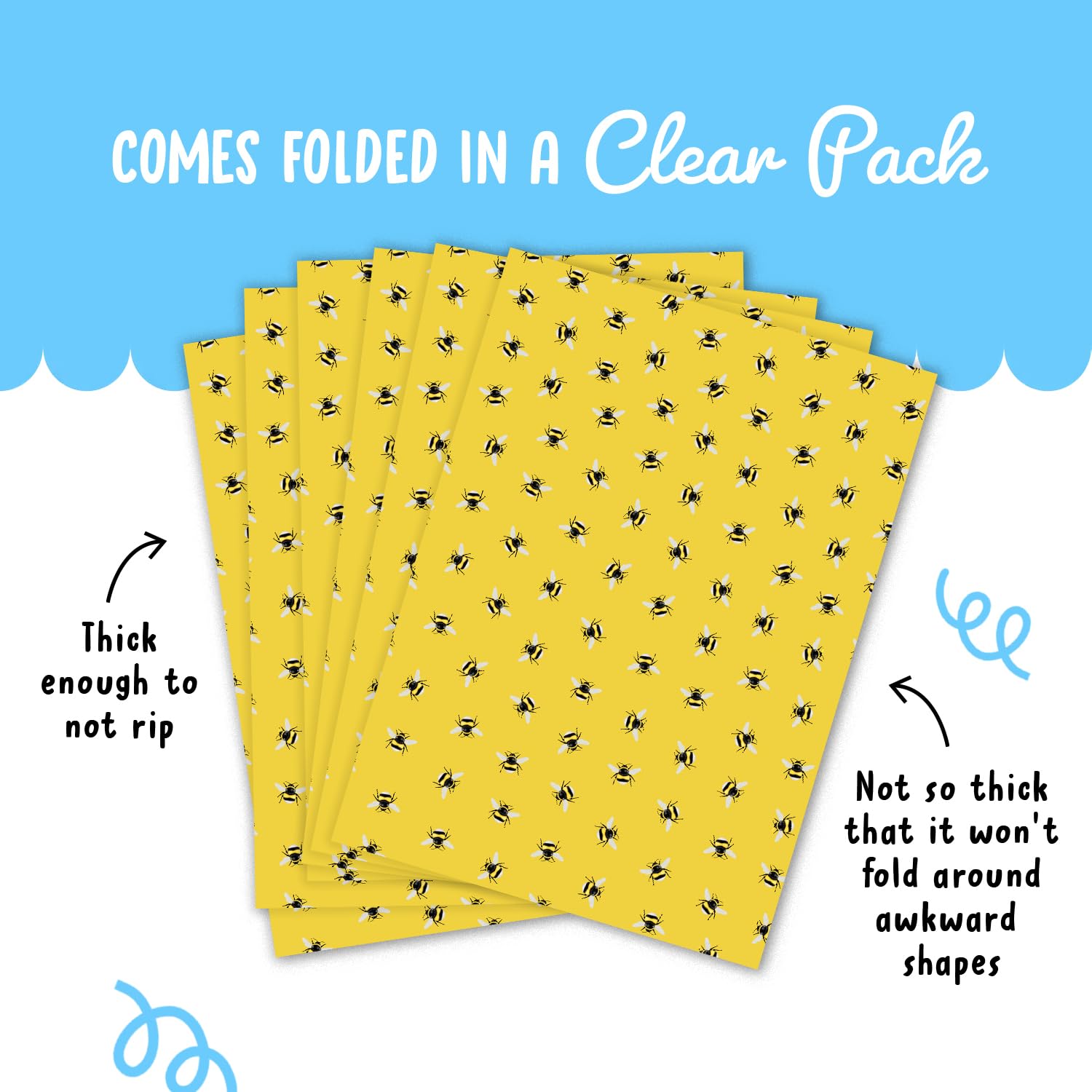 Verjaardagsinpakpapier voor kinderen, meisjes, jongens, bijen, zon, bloem, honing, honingraat, geel cadeaupapier voor verjaardag of babyshower, 4 vellen plat gevouwen, 50 x 70 cm per vel