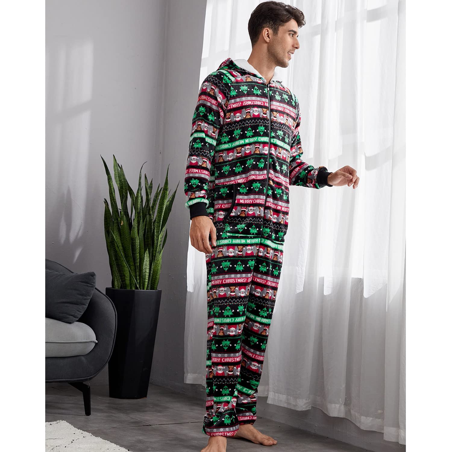 Pijama Navidad Una Pieza Hombre Franela Pijamas Mono Entero con Capucha Manga Larga Invierno Calentito Jumpsuit Adulto Onesie Ropa de Casa Dormir Negro Verde Rojo S