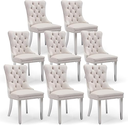 Miniatura 132 de Juego de 6 sillas de comedor de terciopelo, sillas de comedor tapizadas acolchadas con ribete de tachuelas y patas de madera maciza para cocina,