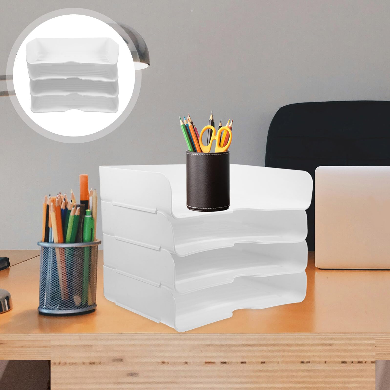 STOBAZA 4 Stück Stapelbare Schreibtischablagen A4 aus Kunststoff Weißer Büro Organizer für Papier und Dokumente Ablagefach für Schreibtischzubehör