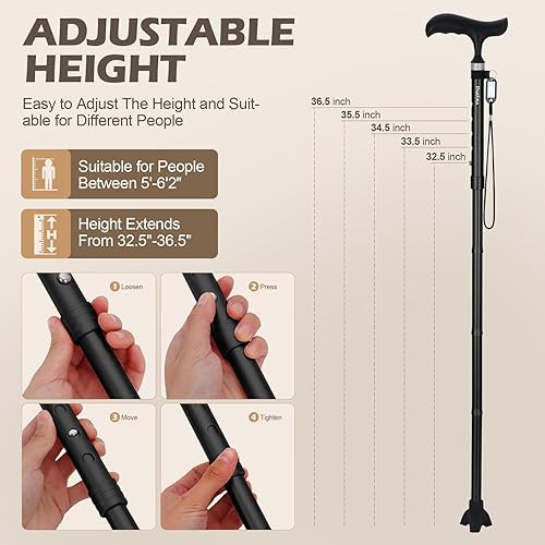 Miniatura 3 de Bastón plegable para mujereshombres, ligero, ajustable, plegable para personas mayores y adultos, ayuda de movilidad de equilibrio con punta