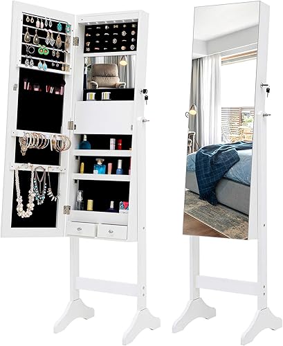 MIYACA 6 LEDs Jewelry Mirror Armoire Organizer, Standing Lockable Jewelry Cabinet with Full-Length Body Dressing Mirror and Larger Capacity, 3