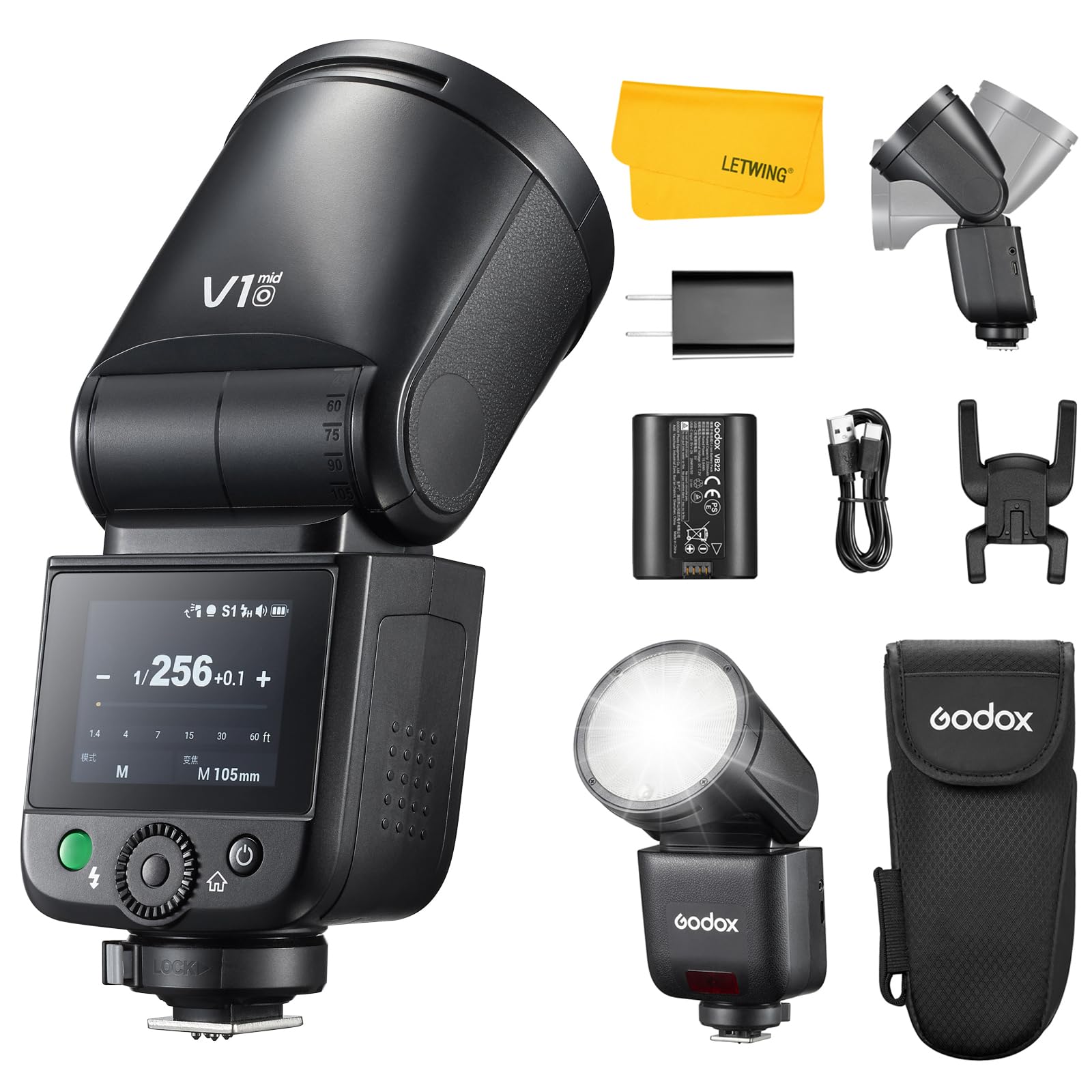 Godox V1 Mid O Flash pour Olympus, 55Ws 2.4G TTL Tête Ronde Flash pour Appareil Photo Panasonic HSS 1/8000s, 650 Flashes à Pleine Puissance, Commande par écran Tactile, Lampe Pilote LED à 10 Niveaux
