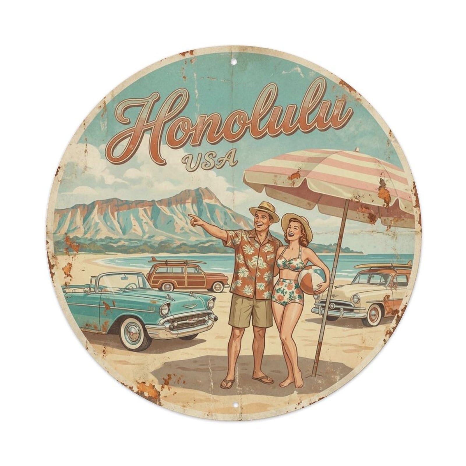 Olyhtr 8X8inch Classic Style Honolulu Hawaii Beach Classic Car Travel Harbor Metal Tin Sign