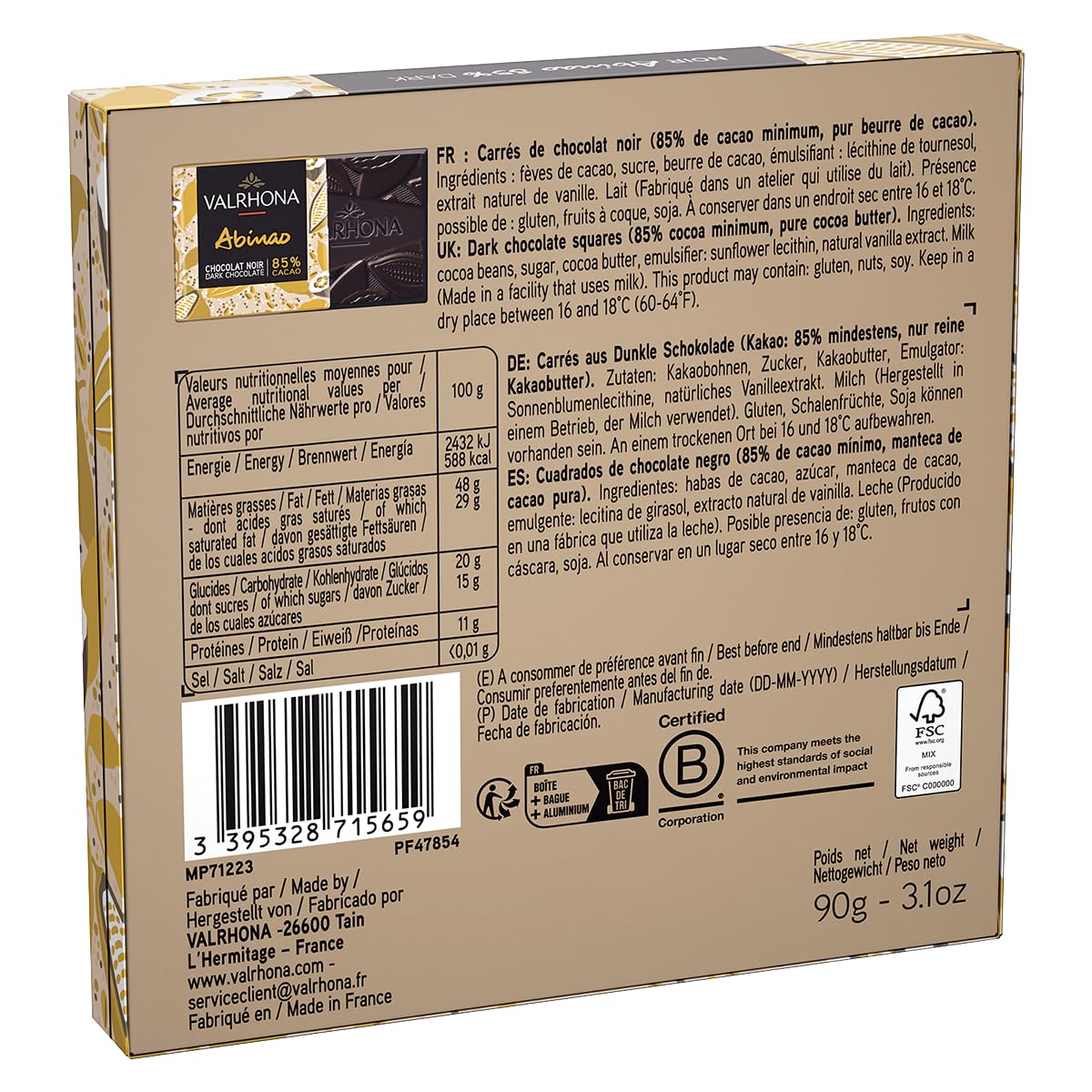 Valrhona Premium Dark Chocolate Gift Box ABINAO 85% Cacao 18 Squares with Powerful Cocoa Notes. Gourmet French Chocolate, Perfect Present. Individually Wrapped, Giftable.