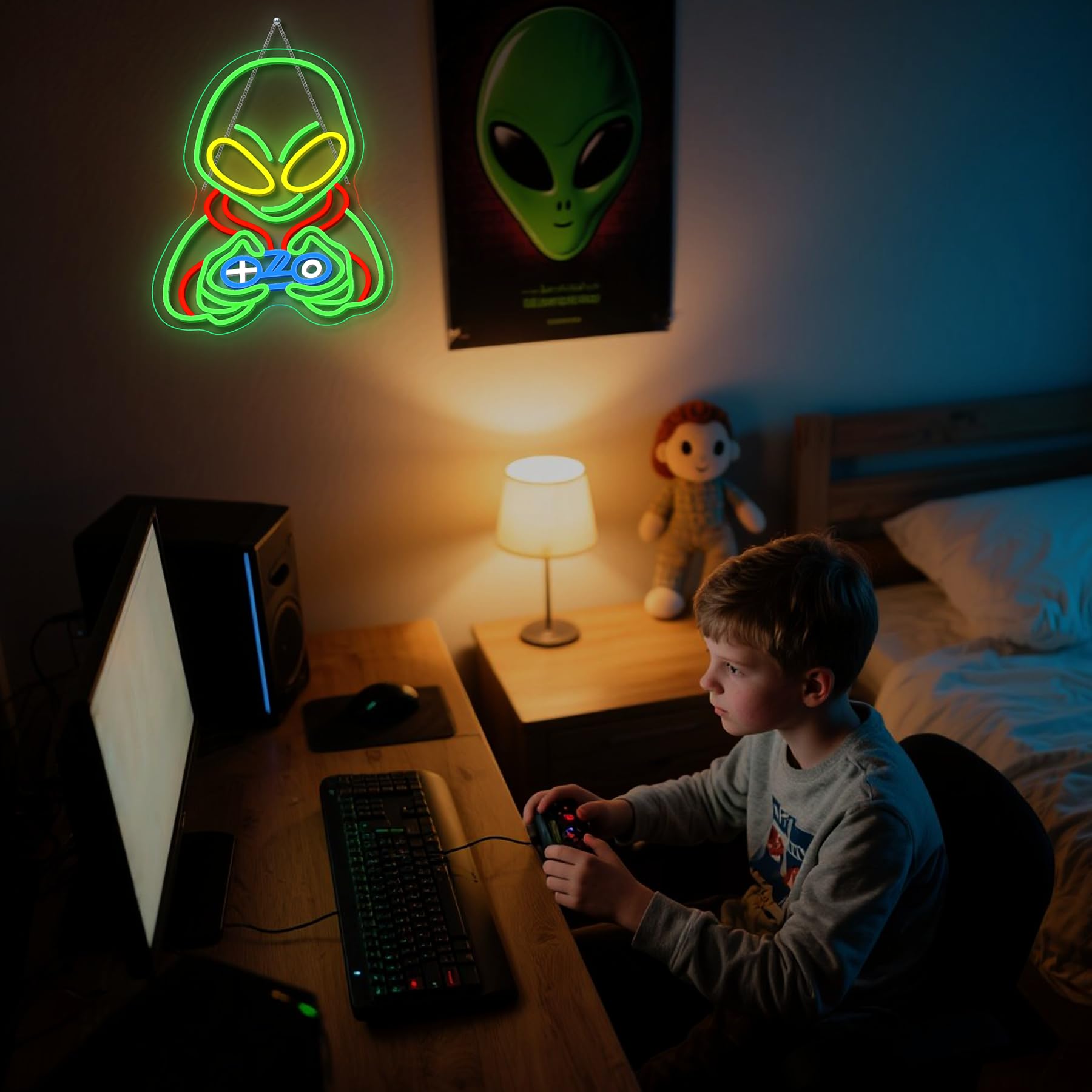 SIGNSHIP Alien Playing Game Neon Light Sign,Alien Neon Sign Dimmable for Decoration,Aliens Game Led Signs Wall Decor for Playroom,Man Hole,Family Room,Kids Room,Gift for Boy - Image 2