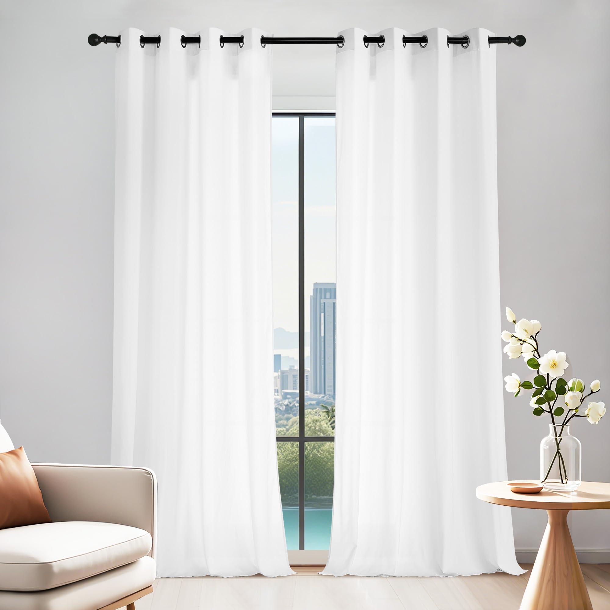 PONY DANCE Non-See-Through Voile Curtains, 52 x 96 Inches Extra Long Super Soft Translucent Bedroom Net Curtains
