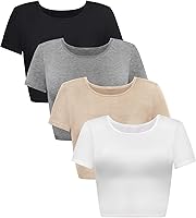 Vista 1 de Paquete de 4 camisetas cortas básicas ajustadas de manga corta para mujer, lindas camisetas cortas de moda con cuello redondo para mujeres