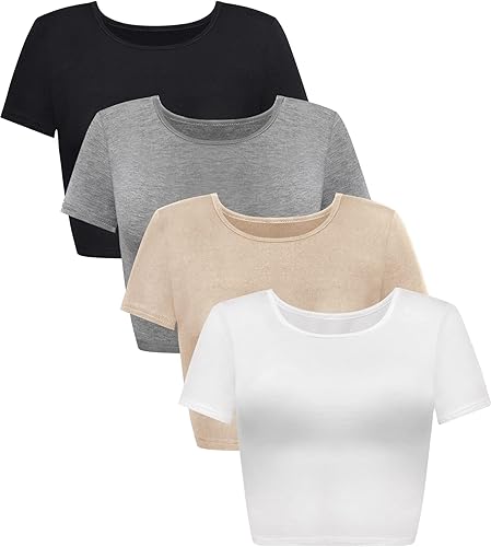 Paquete de 4 camisetas cortas básicas ajustadas de manga corta para mujer, lindas camisetas cortas de moda con cuello redondo para mujeres o