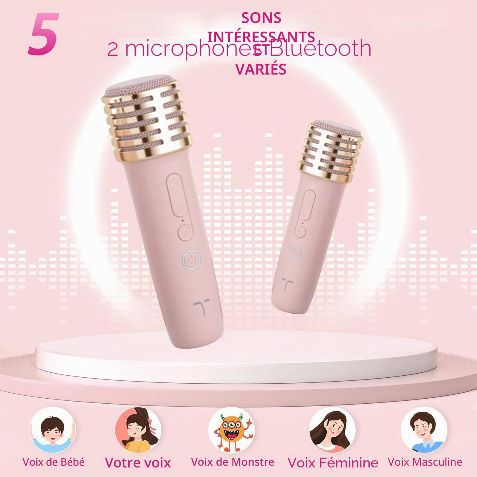 Machine Karaoké 2 Microphones pour Garçons Filles, Enfants Adultes Enceinte Bluetooth Portable avec Support Téléphone, Enceinte avec Lumières LED et Changer de Voix pour Fêtes à Domicile