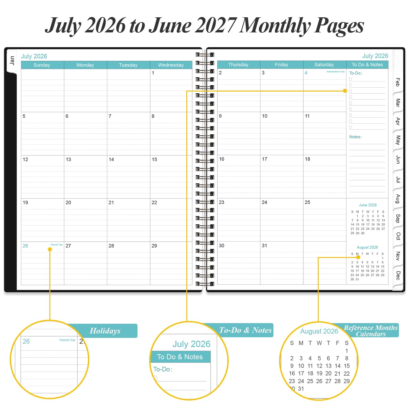 Agenda giornaliera e mensile 2025, una pagina per giorno, da gennaio 2025 a dicembre 2025, planner 2025 con linguette da 12 mesi, tasca interna, 21,6 x 27,9 cm, nero