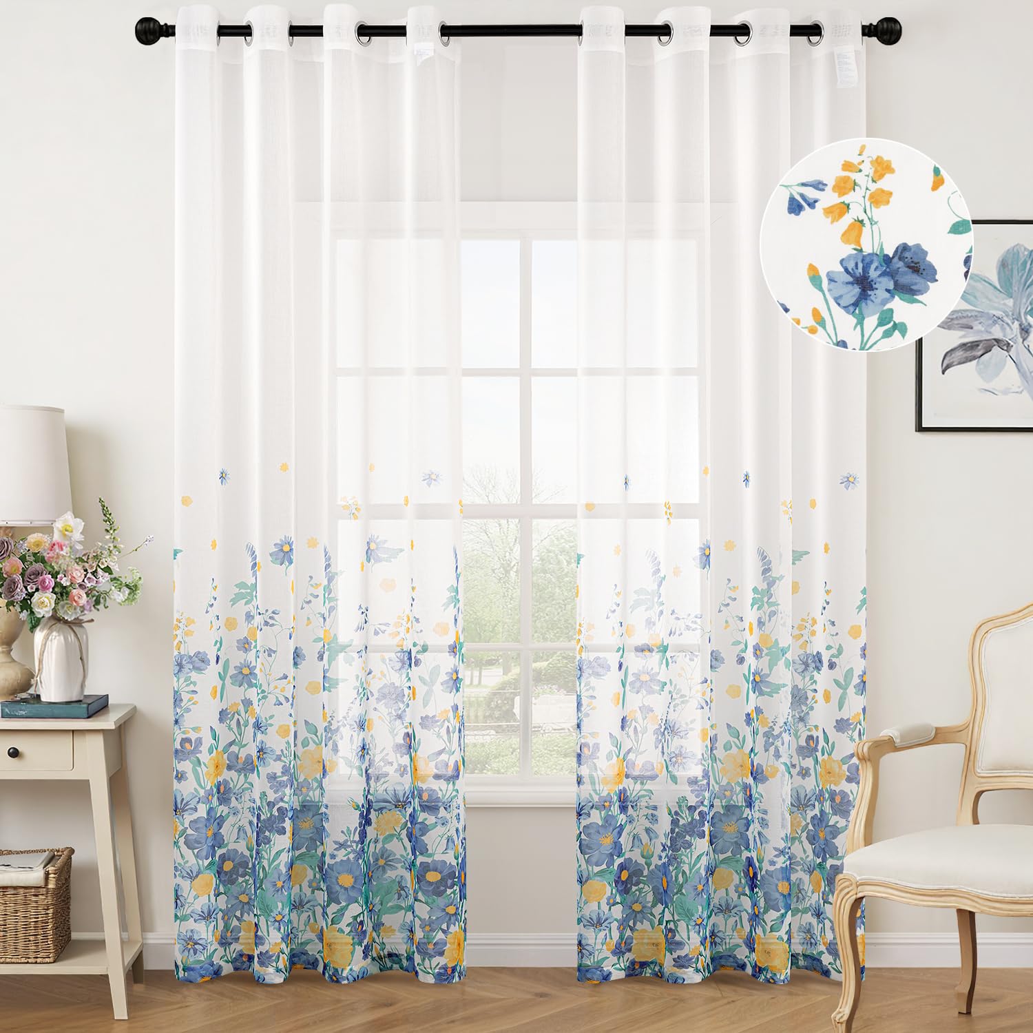 Woaboy Cortina Dormitorio Azul Oscuro Visillo con Estampadas Flores Ventana Decorativo Tansparente Moderno para Salón Habitación 2 Piezas 140x225cm
