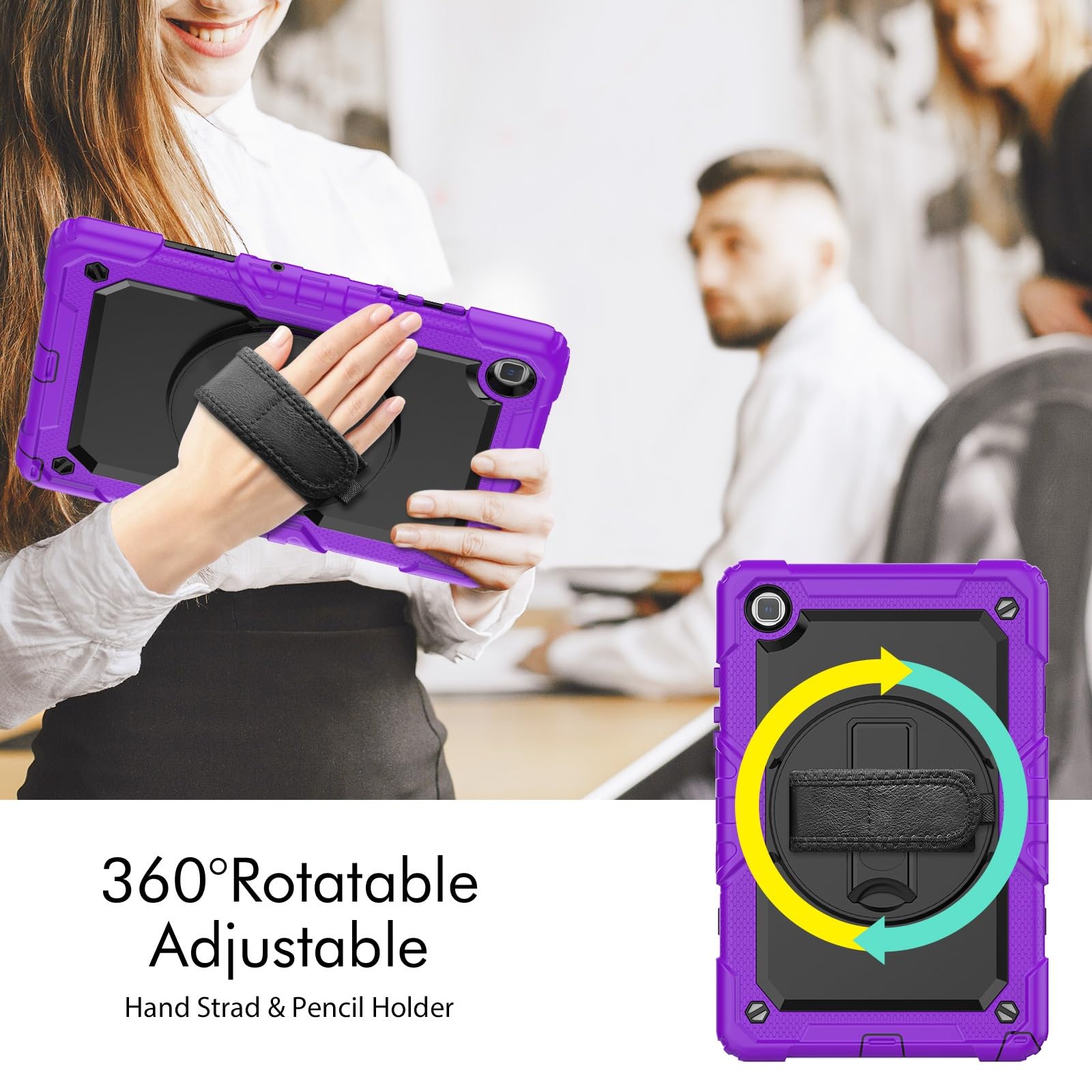 Kompatybilny z Samsung Galaxy Tab A7 10,4 cala SM-T500/T505 (2020) Etui folią ochronną ekranu, [podpórka] [pasek na ramię] Odporna wstrząsy wytrzymała obudowa 360° obrotowy pasek rękę i ramię(Mor)