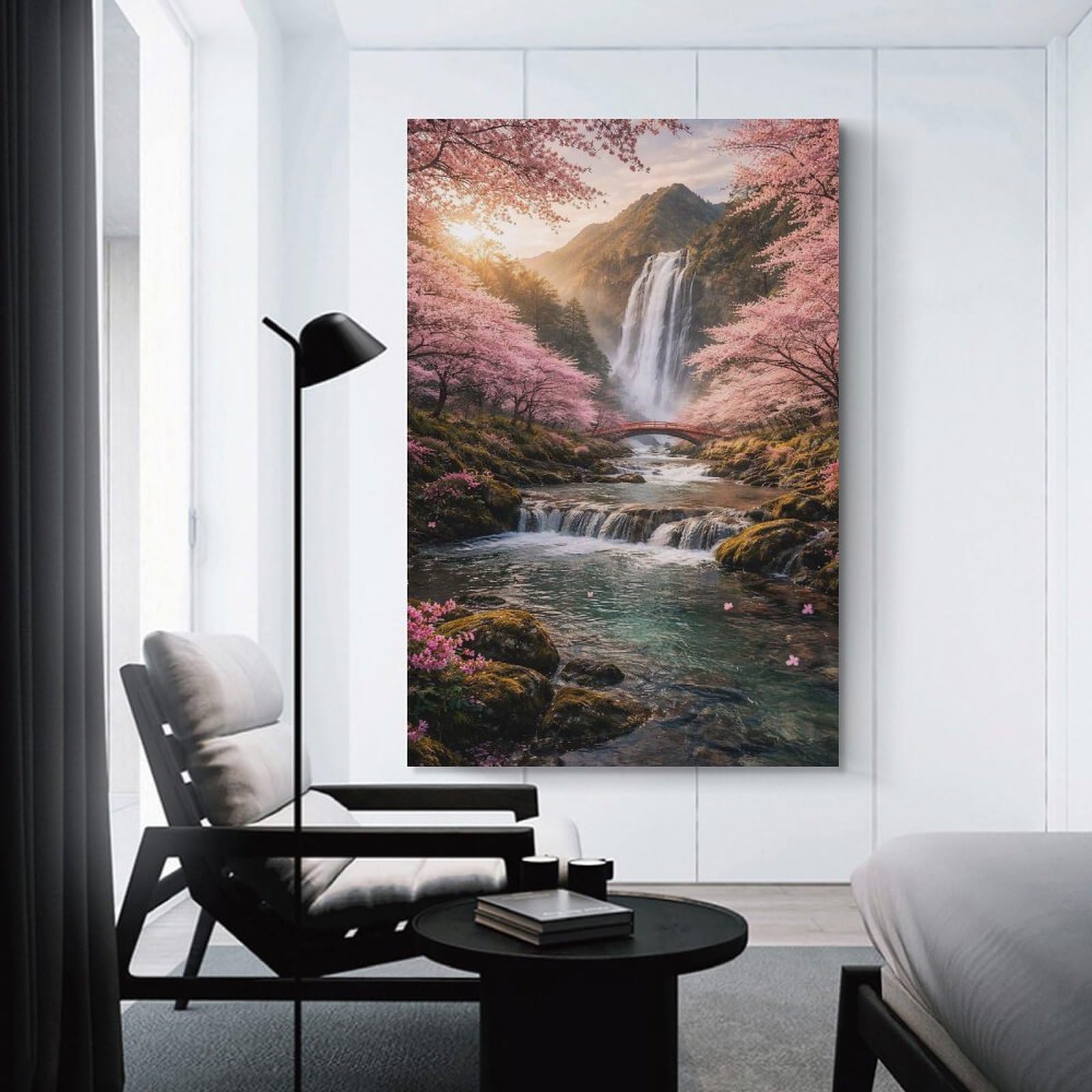 Junmoney Sakura Waterfall Landscape Wall Picture Print, 20x30inch(50x75cm), for Apartment Walls, Studios Or Work Areas, Stylish Wall Art for Fresh Spaces