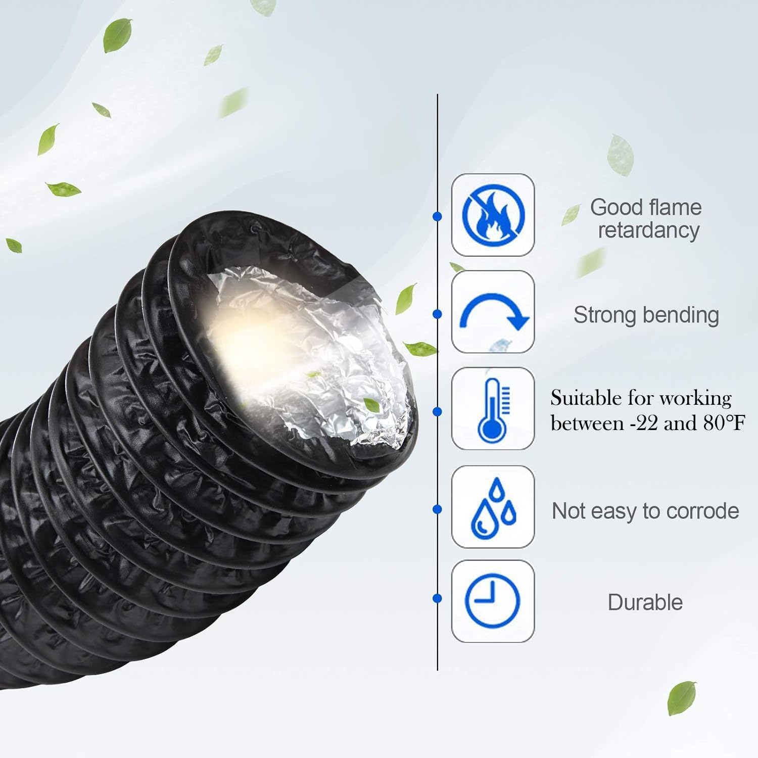 Tubo flessibile da 12,7 cm, 5 m, in alluminio nero, con 2 morsetti a vite per riscaldamento, ventilazione, aria condizionata (HVAC), soffiatore per barca, tende di scarico