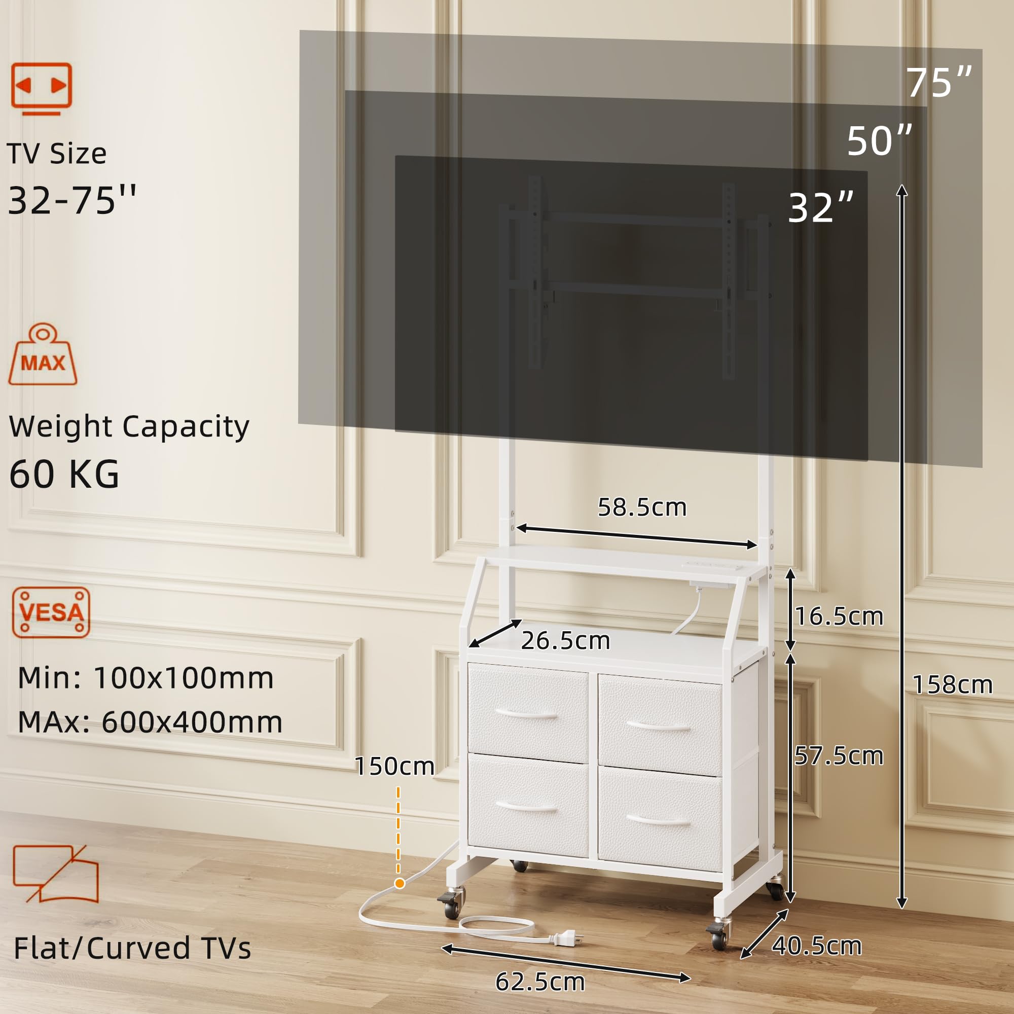 LED Light TV Stand on Wheels with Mount and Power Outlets, Rolling TV Stand Adjustable Height & 4 Drawer Storage, White — view 3
