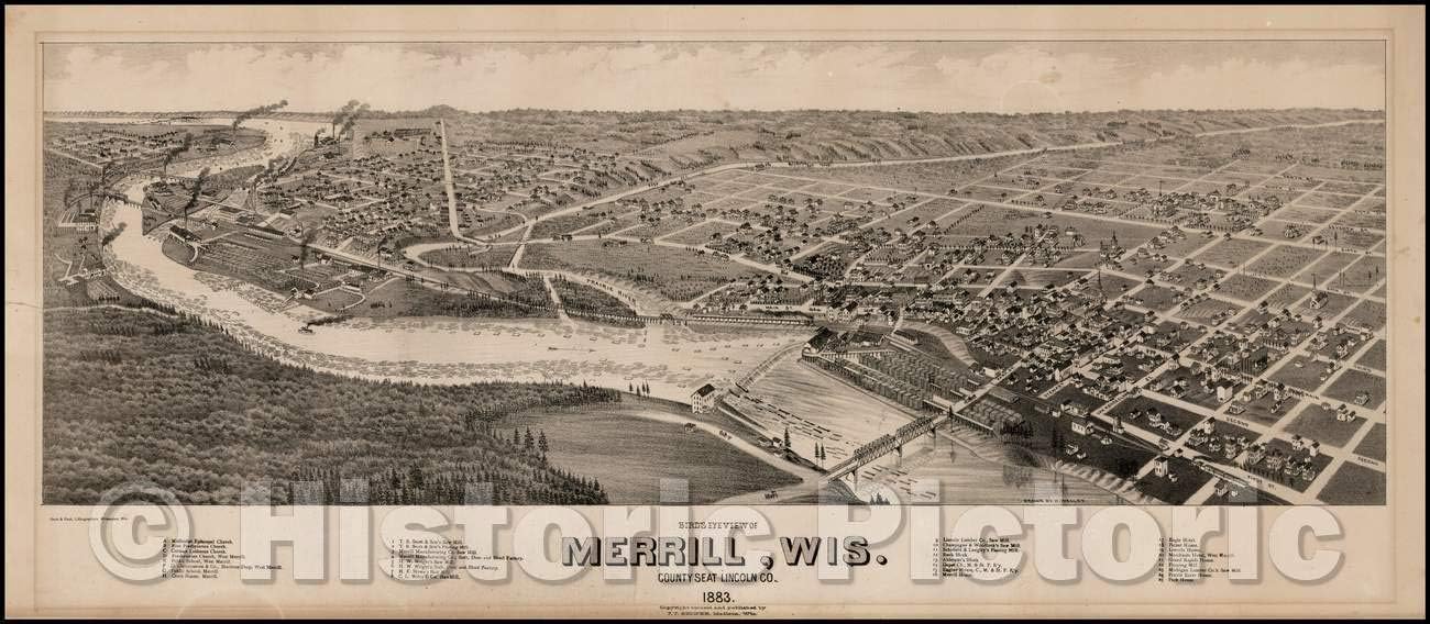 Amazon.co.jp 歴史的な地図 ウィス州リンカーン州メリルの鳥目の眺め、1884、J.J.ストーナー郡シートヴィンテージ