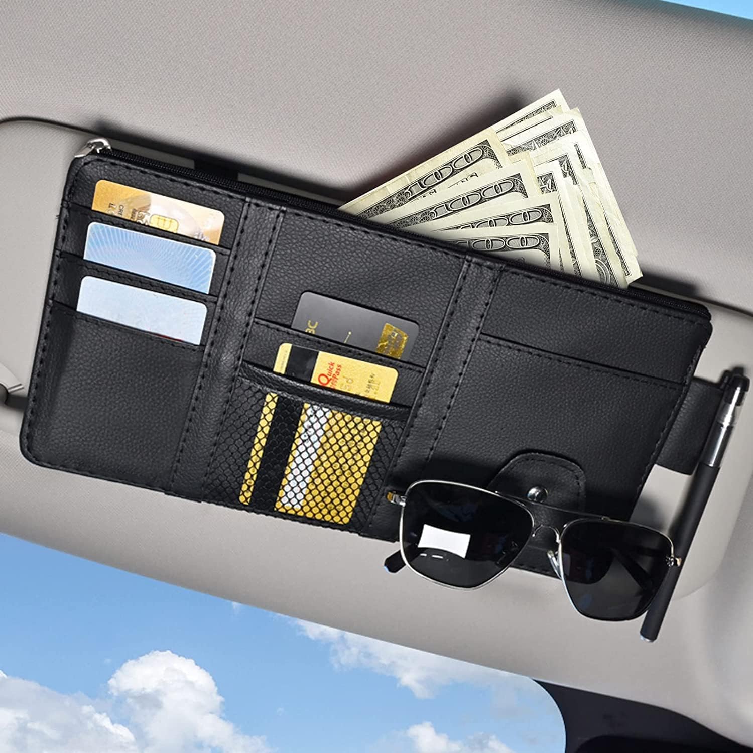 CLOUDFOUR Car Sun Visor Organizer, Car Storage, Travel Document Holder Car Accessory Storage for Cash, Cards, Keys, Pen, Sunglasses. (Black)
