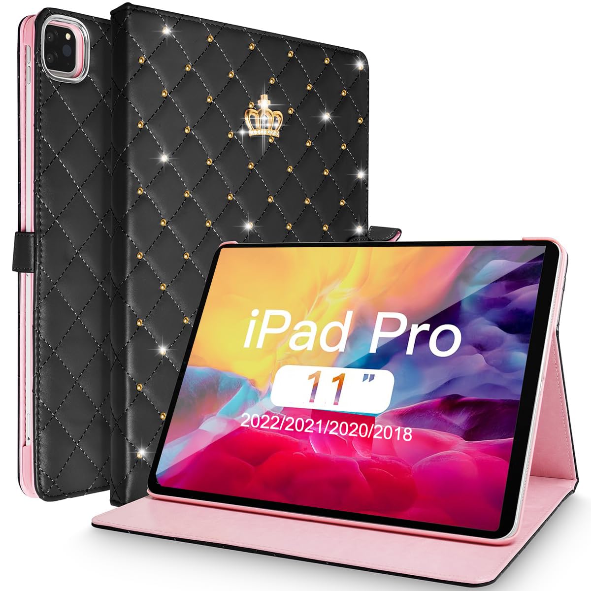 Changjia for iPad Pro 11 inch Case 2022(4th Gen)/2021(3rd Gen)/2020(2nd Gen)/2018 (1st Gen),Cute Crown Bling Diamond PU Leather Smart Auto Sleep/Wake