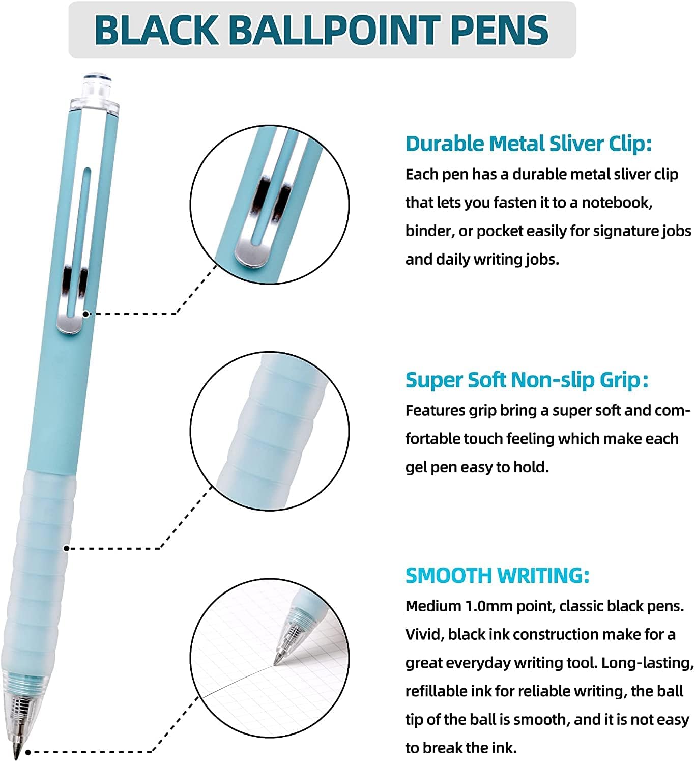 Ballpoint Pens Medium Point 1mm Black Ink Work Pen with Super Soft Grip Ball Point Pen for Men Women Retractable Office Pens (Black-6) : Office Products