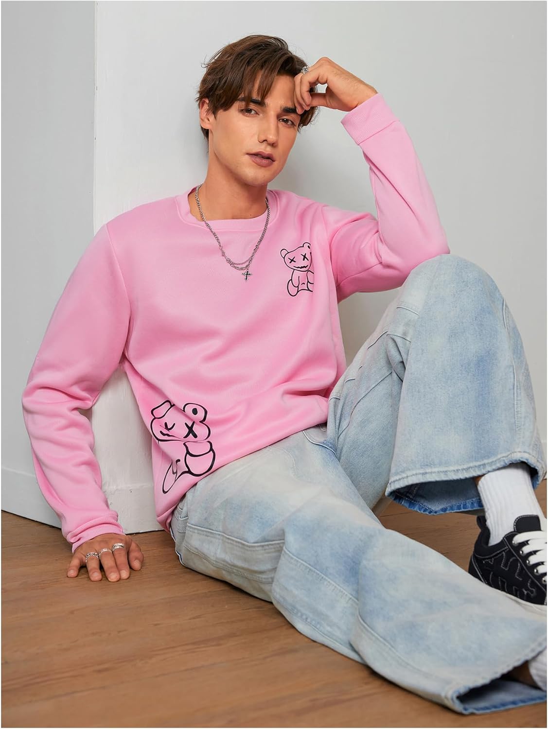 GORGLITTER Men's Bear Graphic Sweatshirt Anime Long Sleeve Crew Neck Drop Shoulder Pullover Tops - Image 4