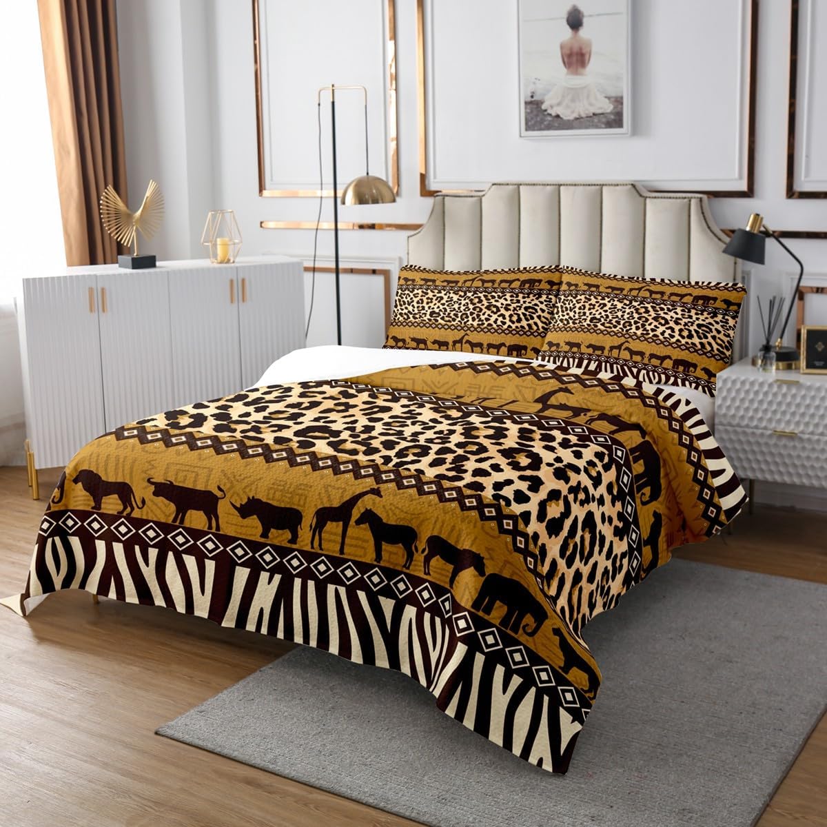 Leopard Cheetah Print Bedspread,African Safari Animal Coverlet Set,Zebra Skin Pattern Quilt Set Queen Size Cow Lion Tiger Bedding Set,Horse Elephant Giraffe Bed Cover,Tribal Aztec Bedroom Decor