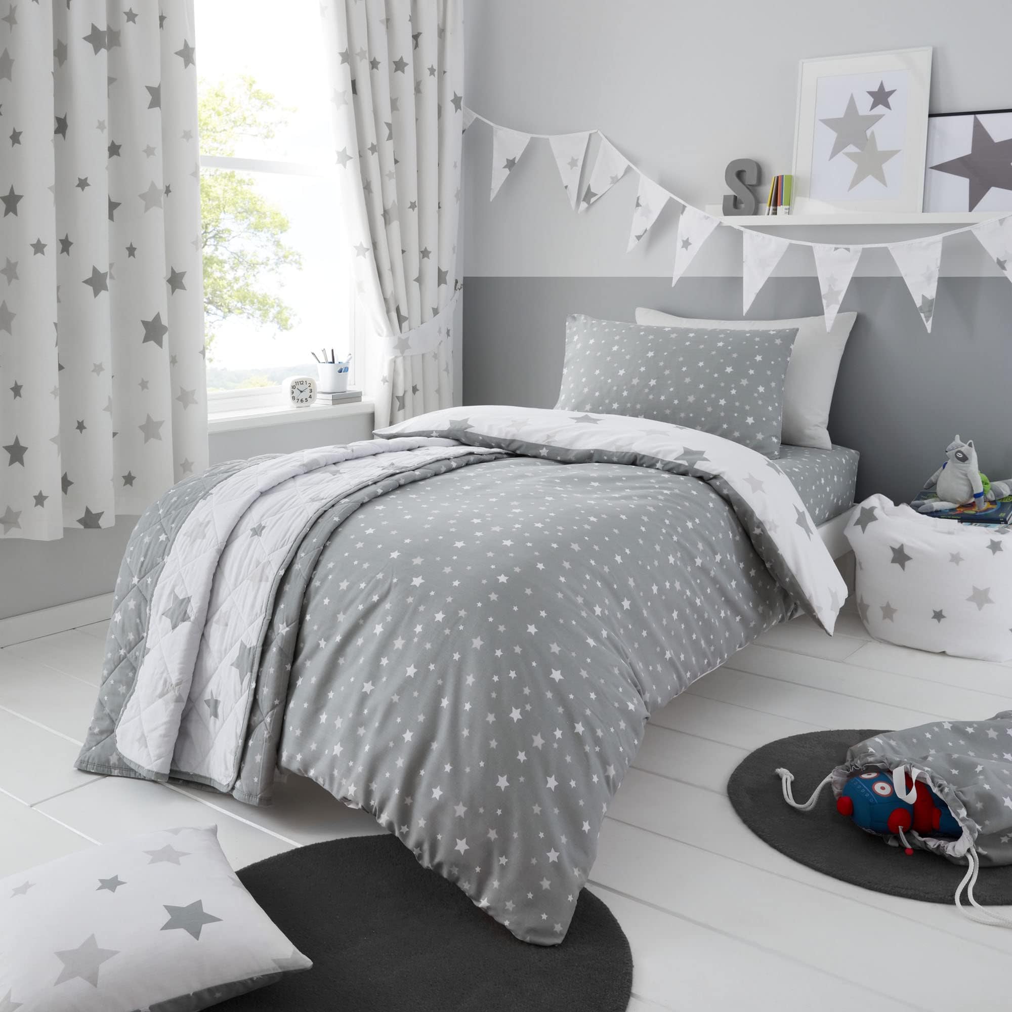 Happy Linen Company Girls Boys Kids Multi Stars Grey Single Reversible Duvet Cover Bedding Set