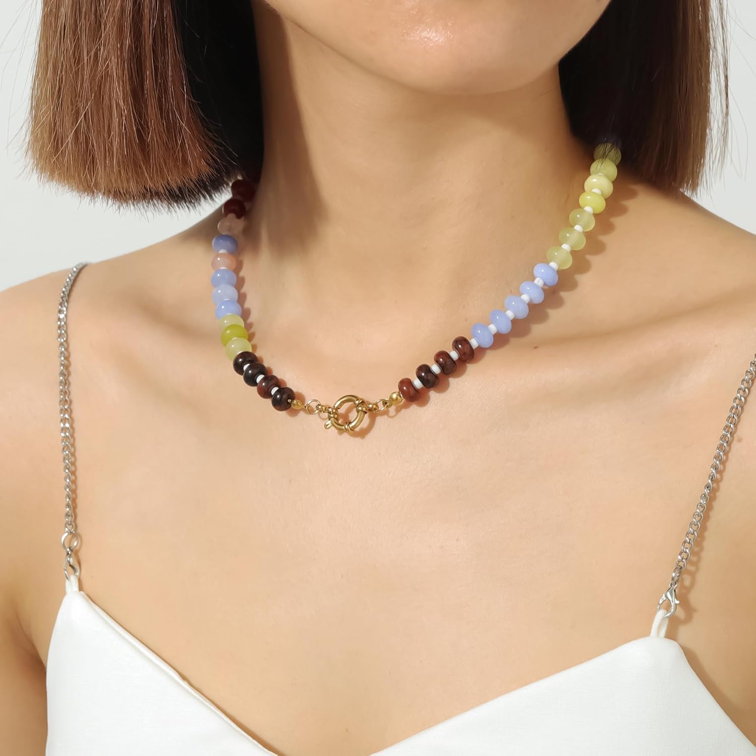 Beaded Gemstone Necklace for Women, Colorful Boho Bead Choker Necklace Natural Stone Freshwater Pearl Surfer Beach Necklace 14K Gold Plated Summer Handmade Jewelry Gifts - Image 2