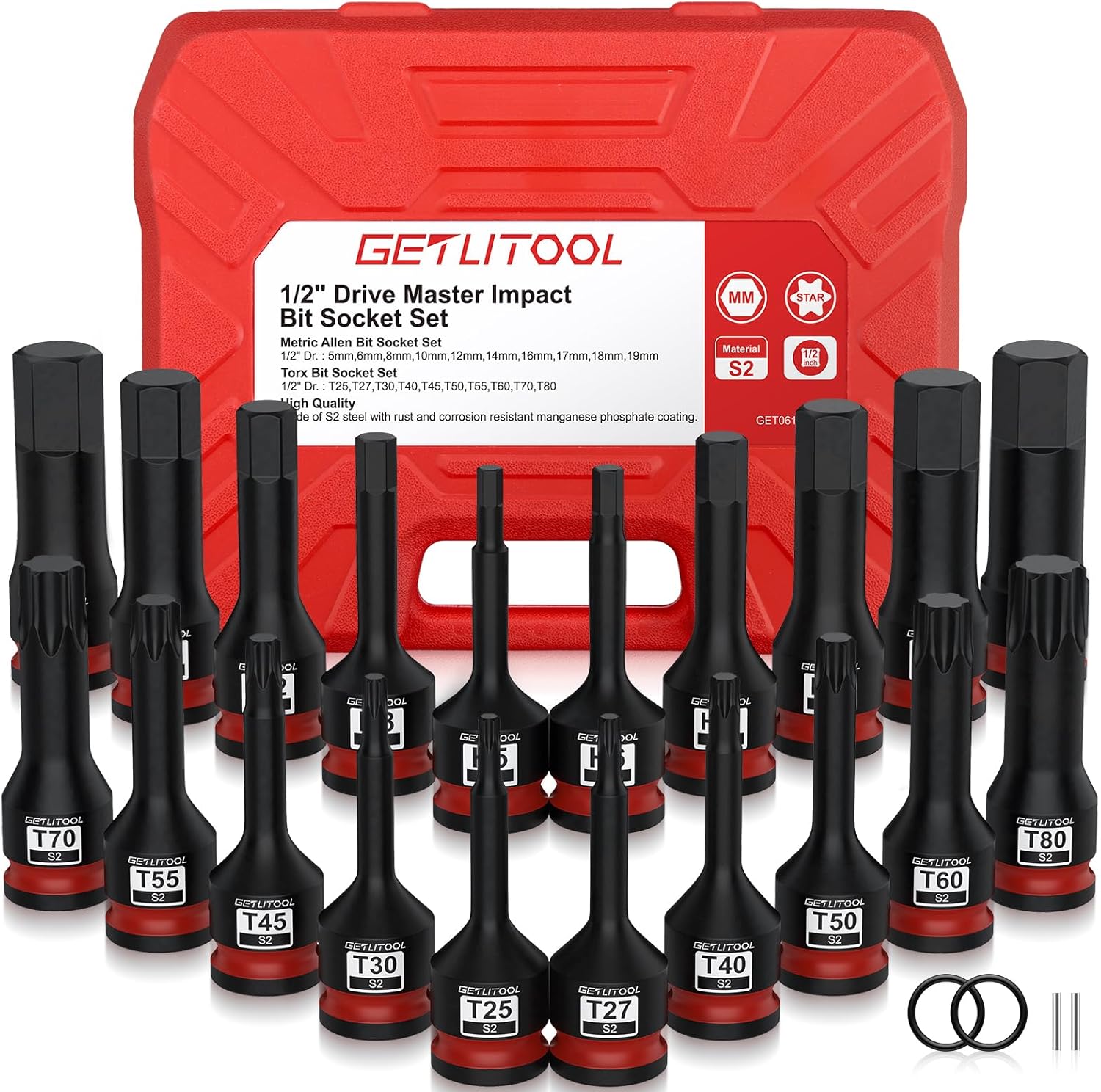 GETLITOOL 20Pcs Impact Allen Bit Socket Set, 1/2" Drive S2 Steel Hex & Torx Bit Sockets with Size-marked and Storage Case for Car Repair, Mechanical Maintenance, 5mm-19mm & T20-T80, Tools for Men