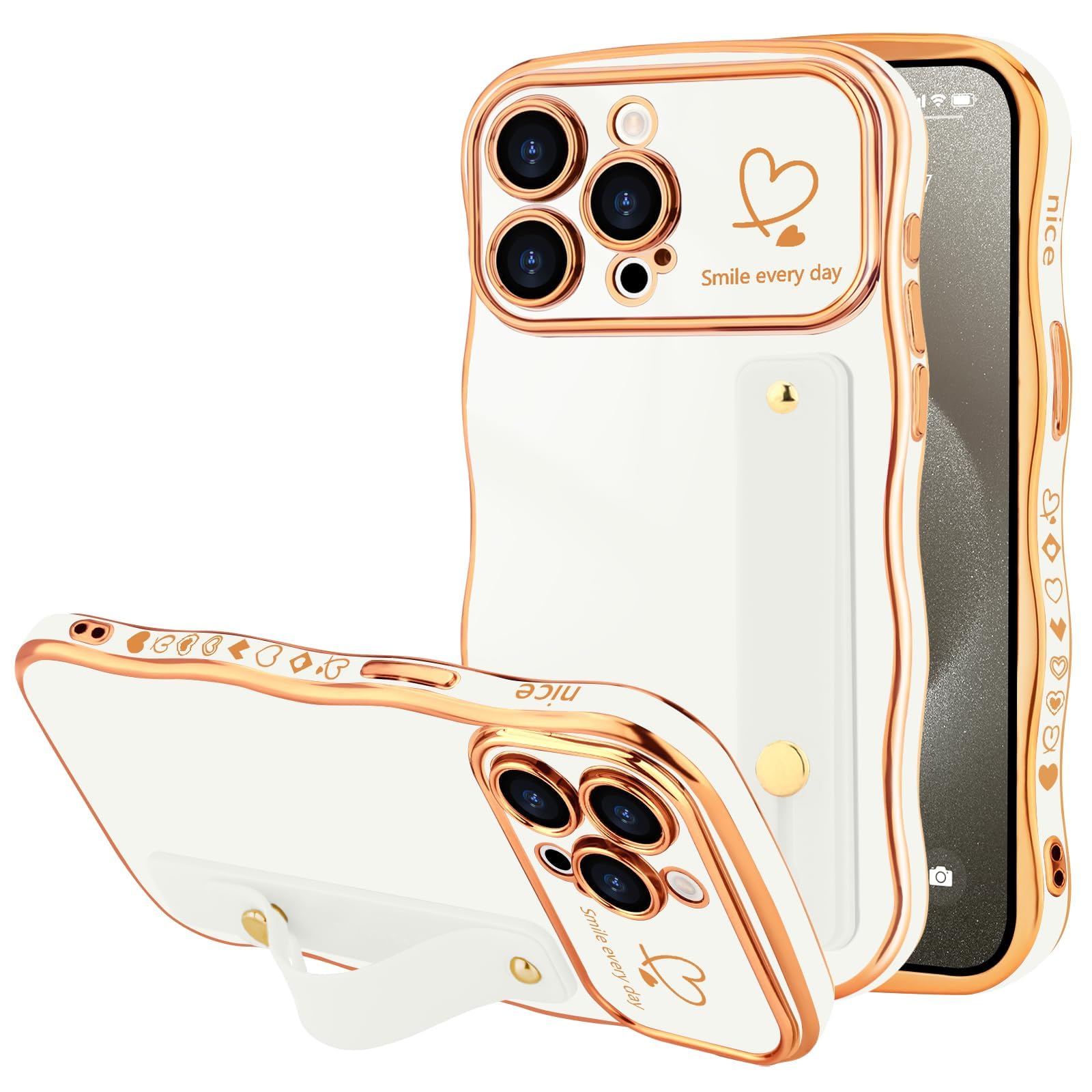 LLZ.COQUE for iPhone 15 Pro Case for Women Girls with Strap, Wave Frame Cute Love-Heart Plating Luxury Bling Stand Cover, Raised Full Camera Soft TPU