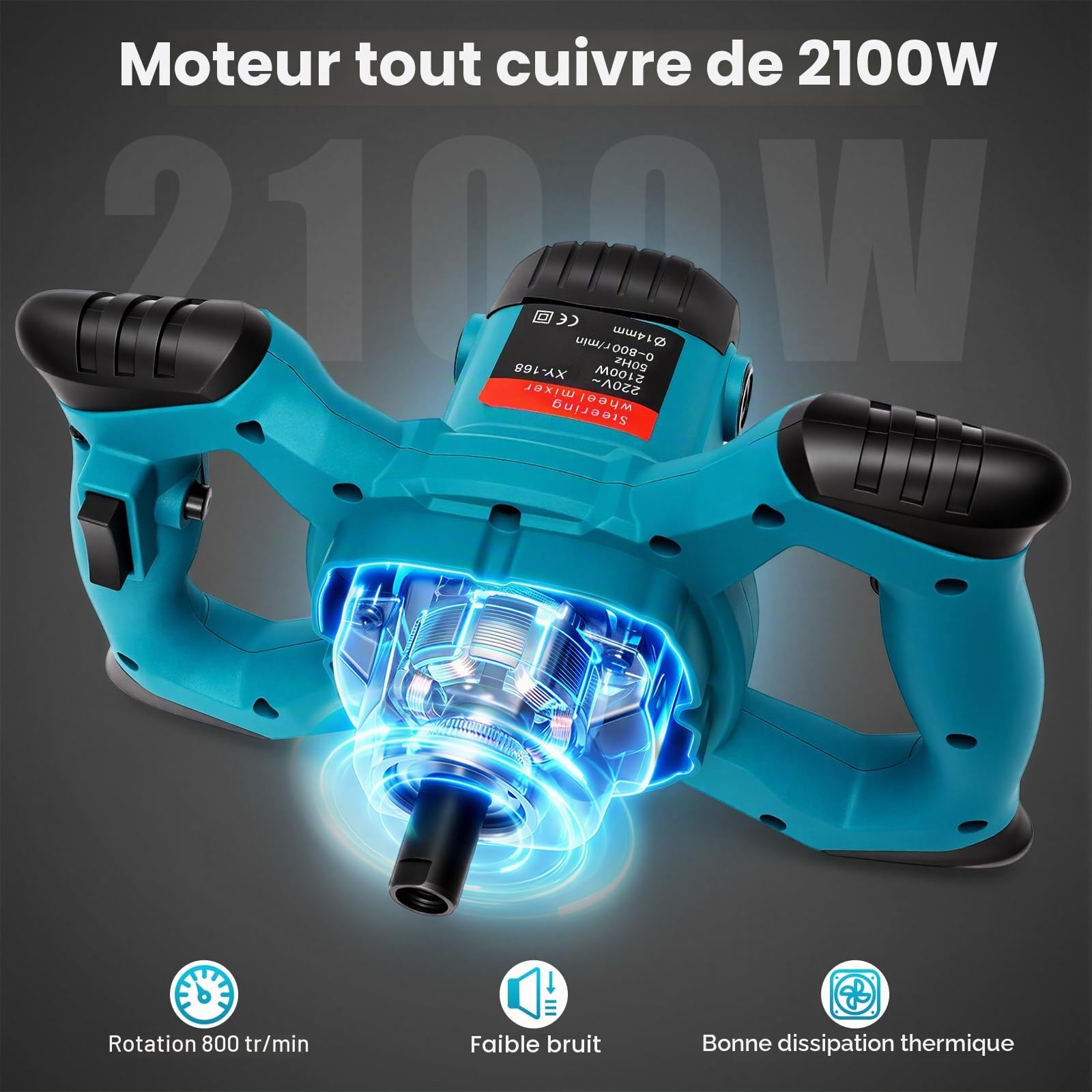 Mélangeur à Béton 2100W Mélangeur Électrique de Forage de Béton Réglable Vitesse M14 Portable Mélangeur de Mortier à Main pour Mélanger Peinture/Boue de Ciment/Béton/Mortier/Fourrage