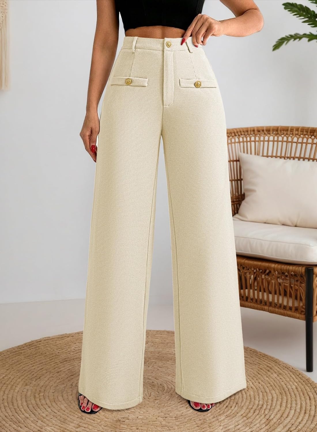 Pink Queen Wide Leg Dress Pants for Womens High Waist Pants for Work Button Decor Textured Long Trousers Slacks - Image 4