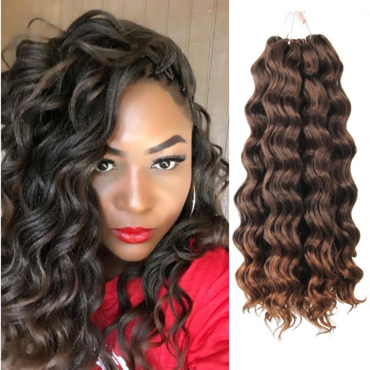Niseyo NU Ocean Wave Crochet Hair 18 Inch 8 Packs Soft Deep Twist Crochet Braids Synthetic Wavy Braiding Hair Extensions (T30 Ombre Light Brown)