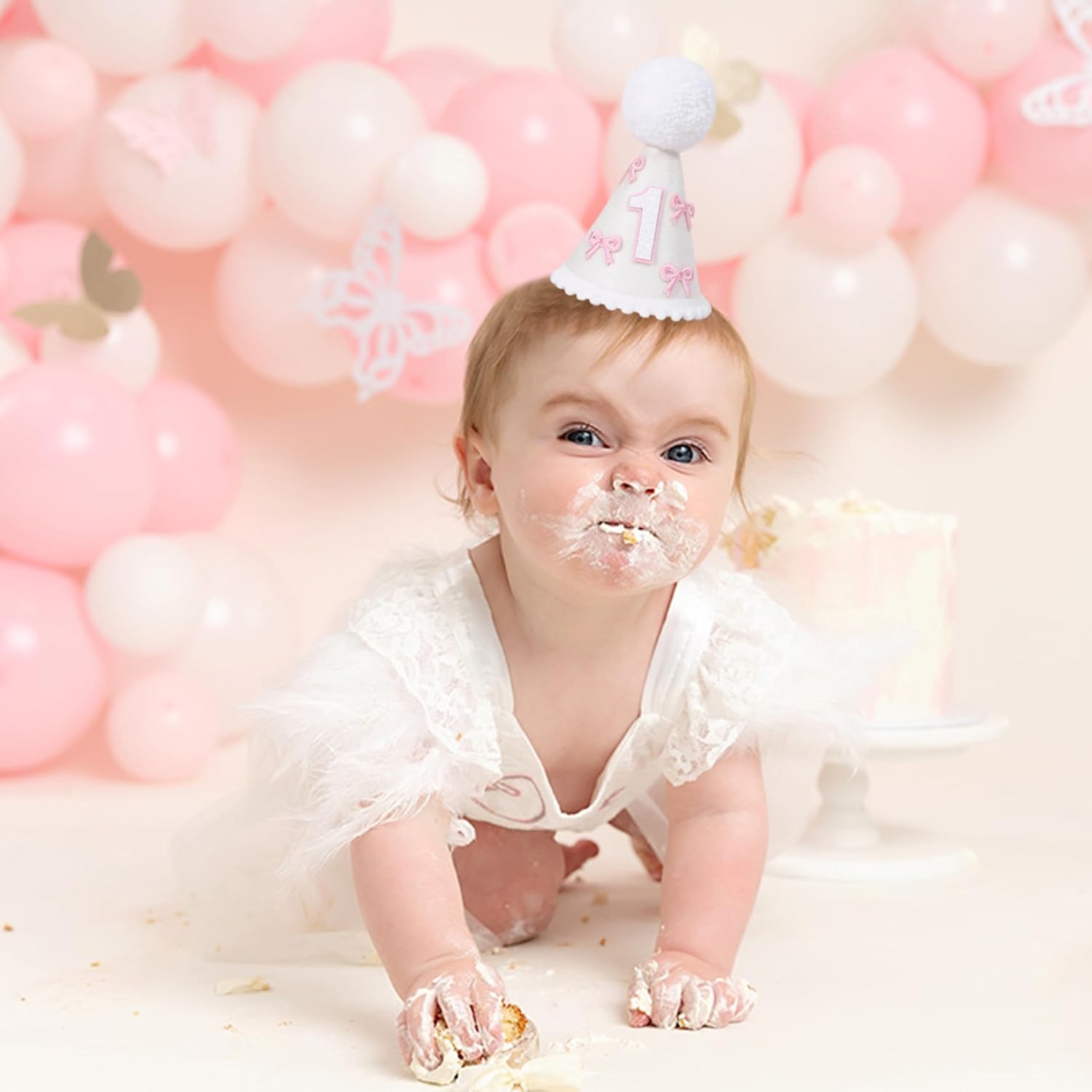 Bow 1st Birthday Party Hat - Girls Cake Smash Photo Props, Pink Bow and White Cone Hat for First Birthday Decorations - Image 4