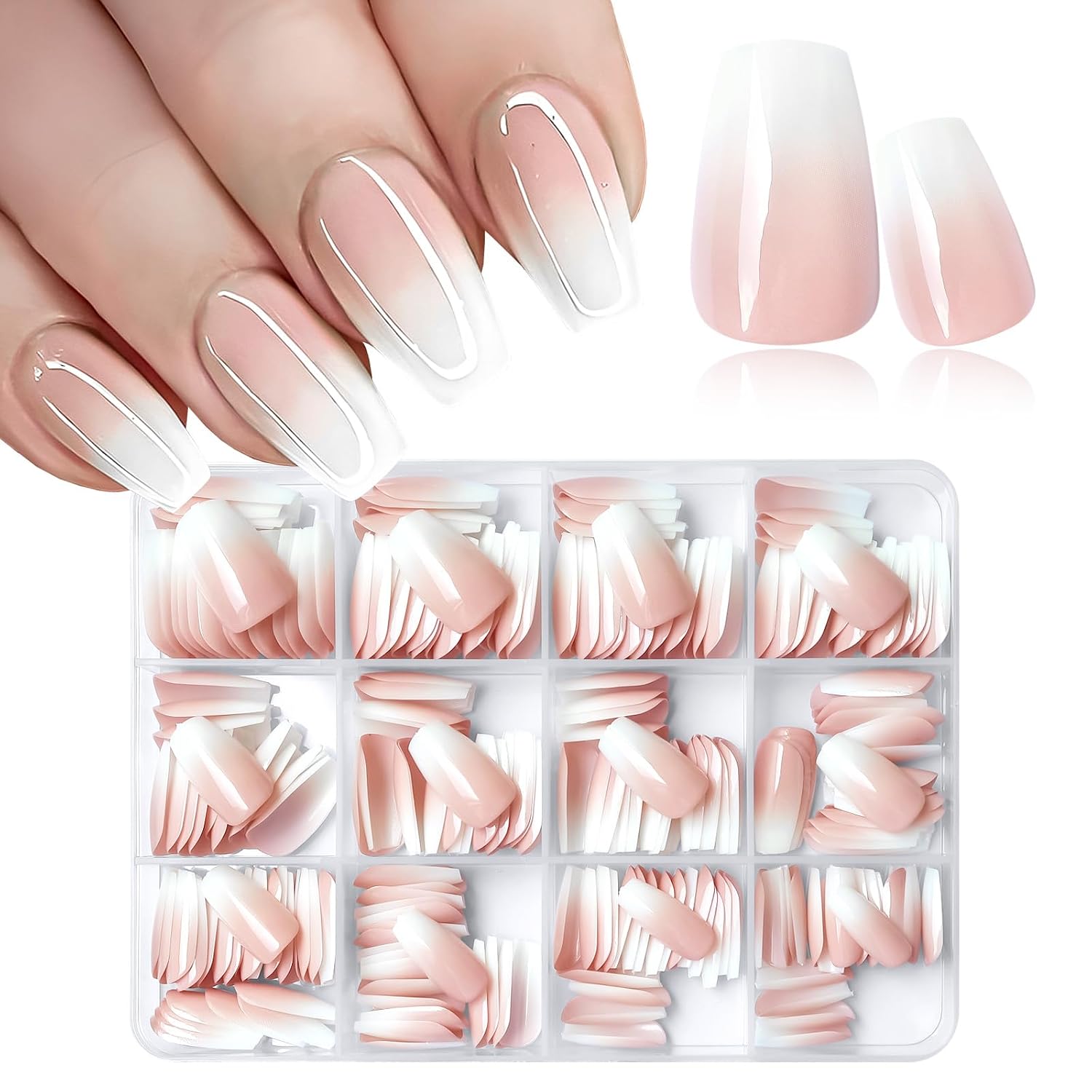 240pc Ombre Press on Nails Short Coffin Fake Nails with Tabs File, Coffin Nails Press ons Ombre Acrylic Nails Short Glue on Nails Full Cover False Artificial Fingernail Stick on Nails for Women