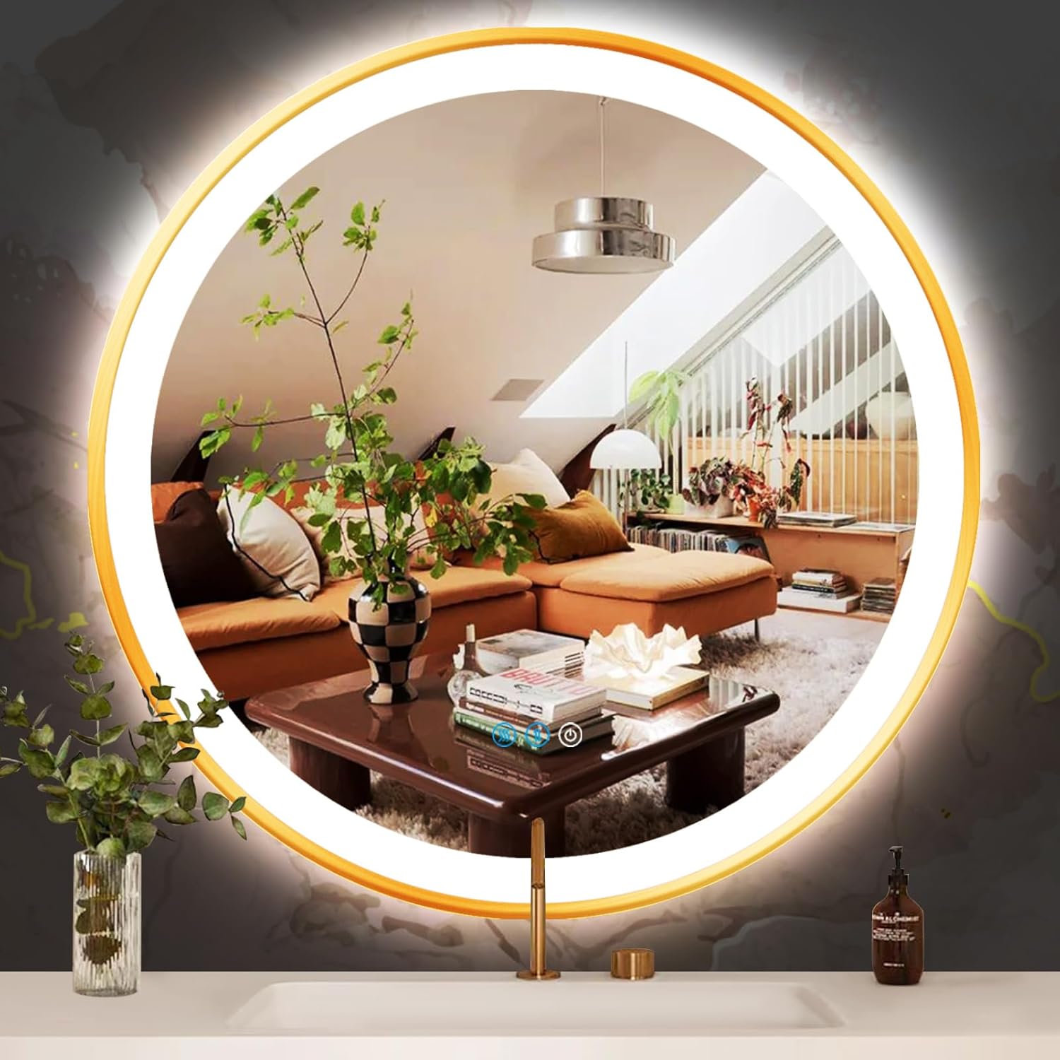 THEKLA 40 inch Gold Bathroom LED Round Mirror with Lights 3 Color Dimmable Anti-Fog Gold Frame Round Lighted Vantiy Mirror for Bathroom Wall Mounted Makeup 40" Large Circle Smart Light up Mirrors