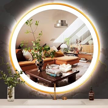THEKLA 40 inch Gold Bathroom LED Round Mirror with Lights 3 Color Dimmable Anti-Fog Gold Frame Round Lighted Vantiy Mirror for Bathroom Wall Mounted Makeup 40" Large Circle Smart Light up Mirrors