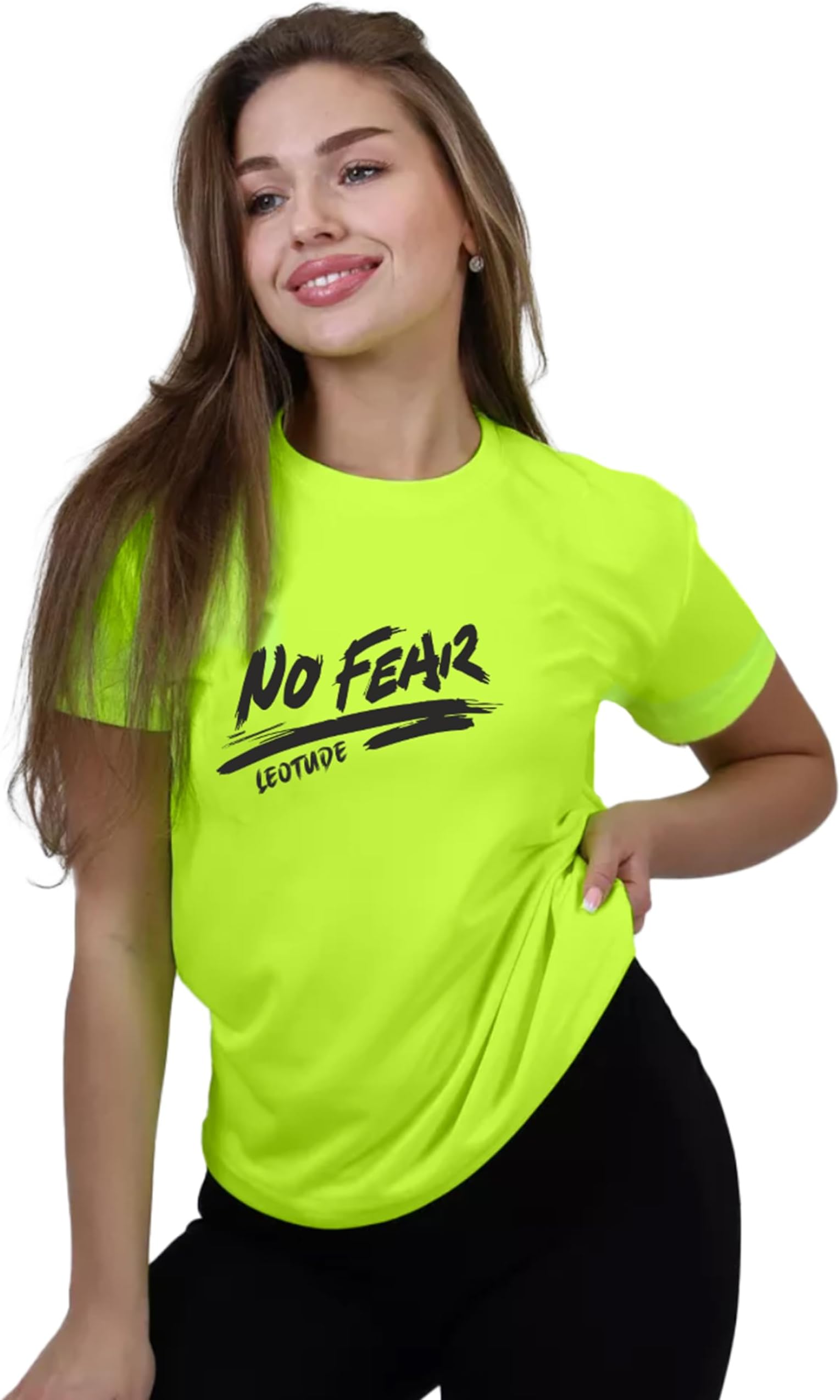 LEOTUDE Women's Boyfriend/Loose Fit Round Neck Half Sleeve Dri-Fit Tshirt (Color Neon Green)