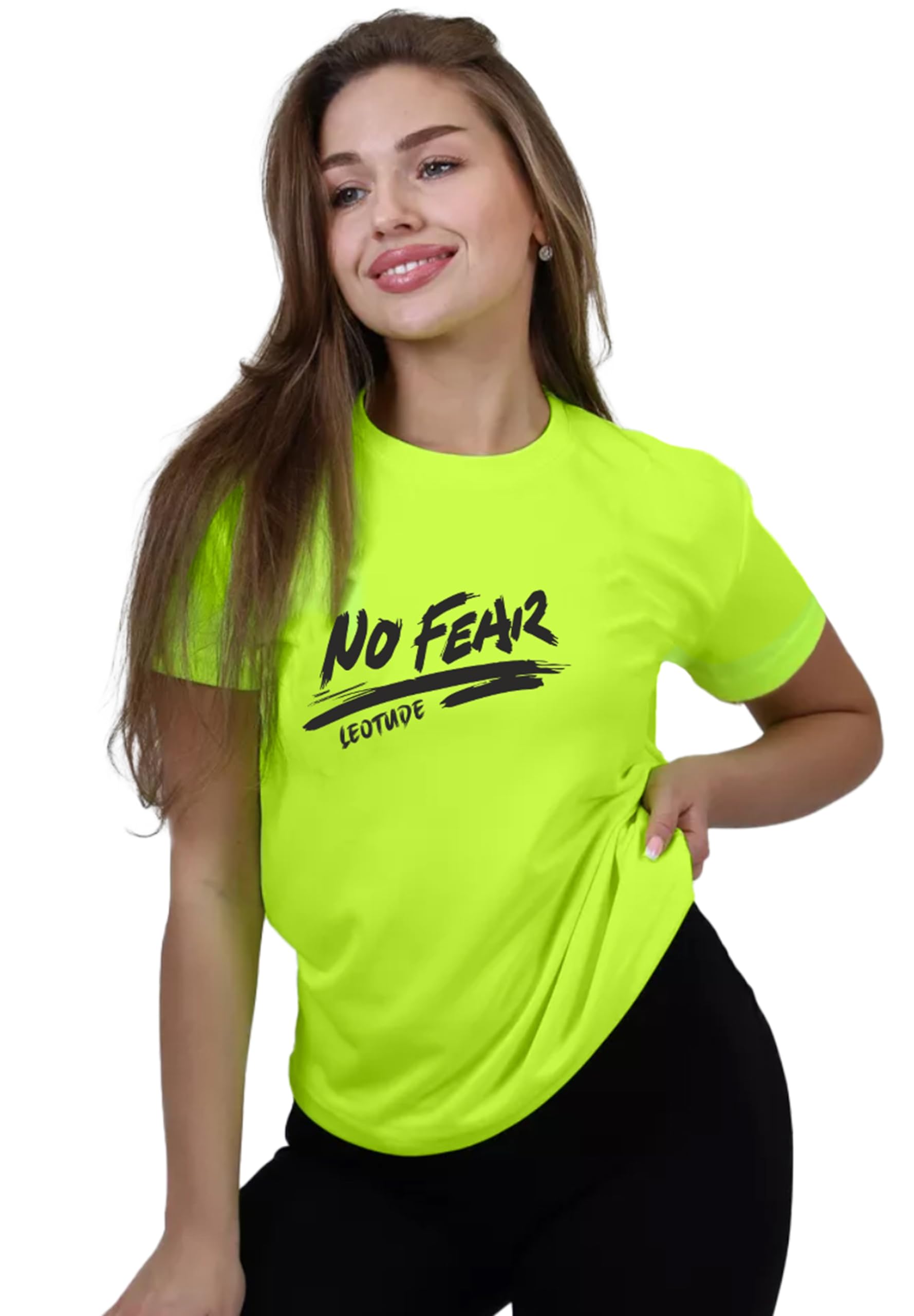 LEOTUDE Women's Boyfriend/Loose Fit Round Neck Half Sleeve Dri-Fit Tshirt (Color Neon Green)