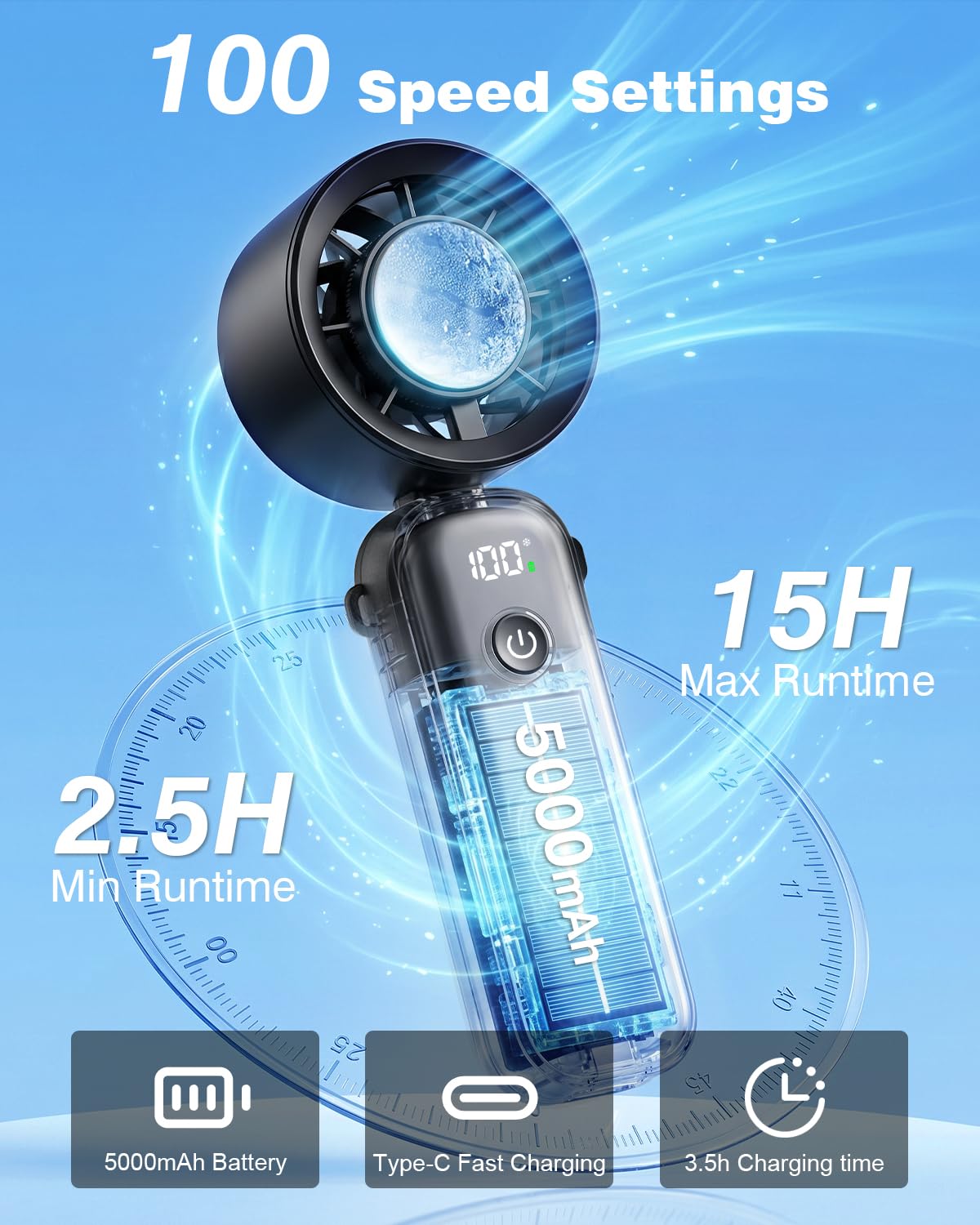 Ręczny wentylator Spopal, [tryb chłodzenia] mini wentylator z 100-stopniowym przepływem powietrza, turbodoładowanie 15000 obr./min, prędkość wiatru 10 m/s, składany pod kątem 90°, akumulator 5000 mAh