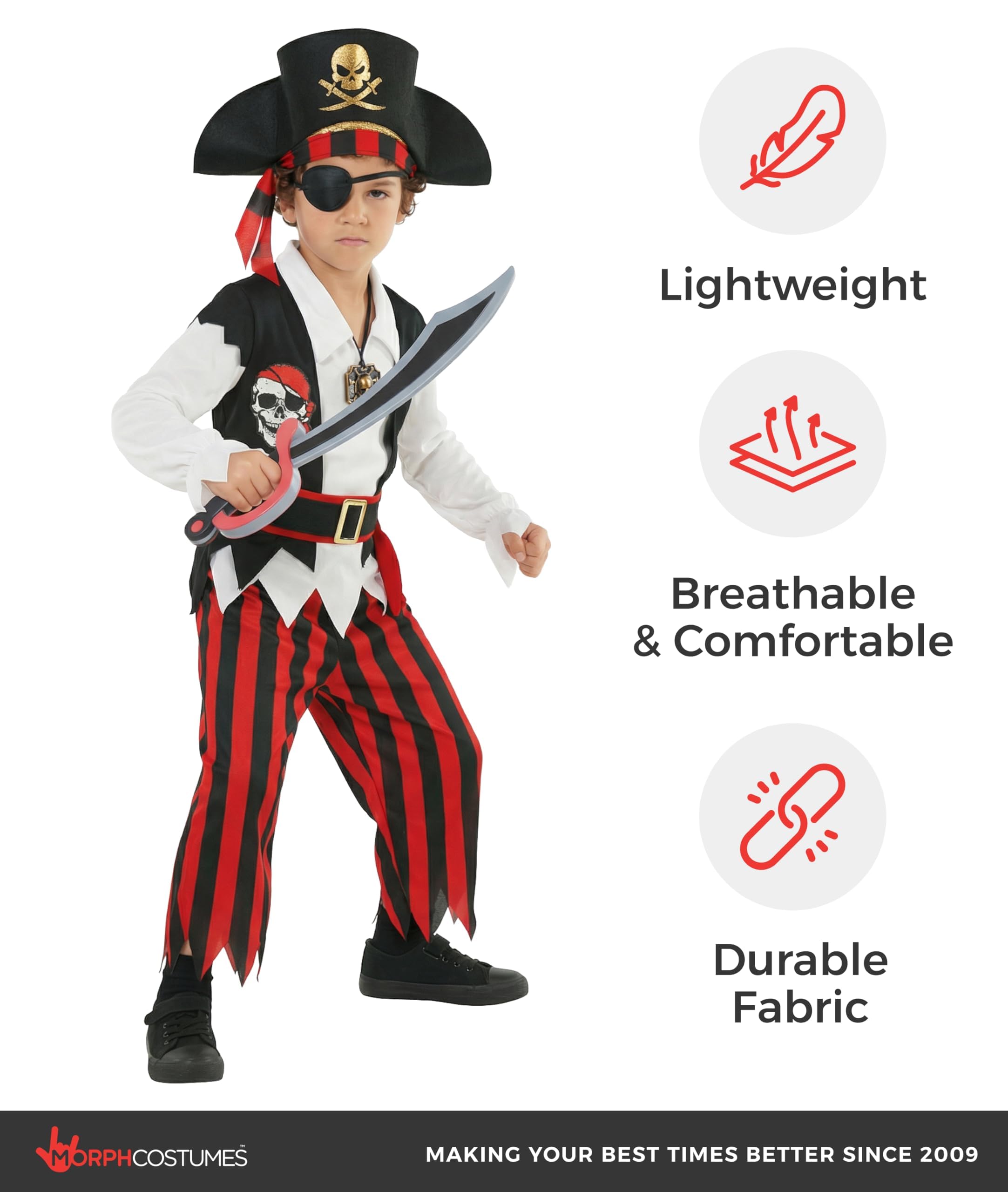 Morph Disfraz Pirata Niño Rojo, Capitán Pirata con Accesorios, Disfraces para Carnaval y Halloween