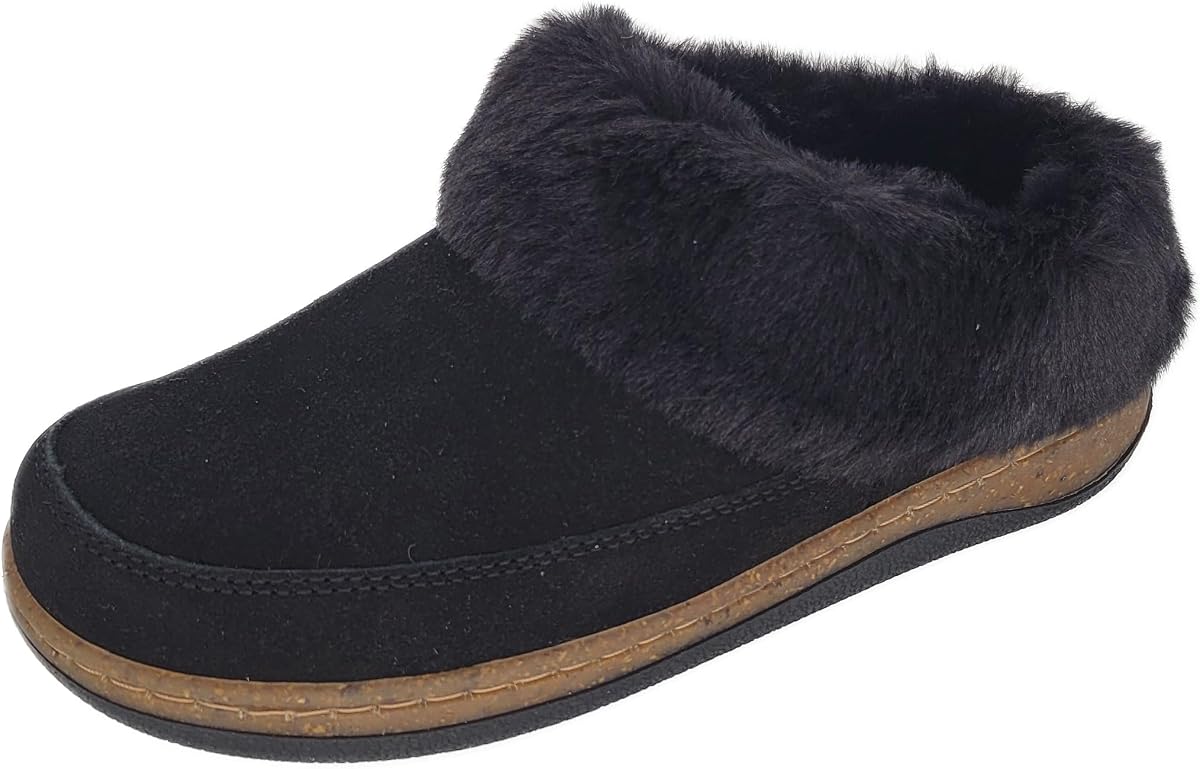 Clarks Womens Slipper Suede Leather Scuff Toe - Plush Faux Fur Collar/Lined With A Cork Midsole - Open Back Indoor Outdoor House Slippers For Women (Black US 7)