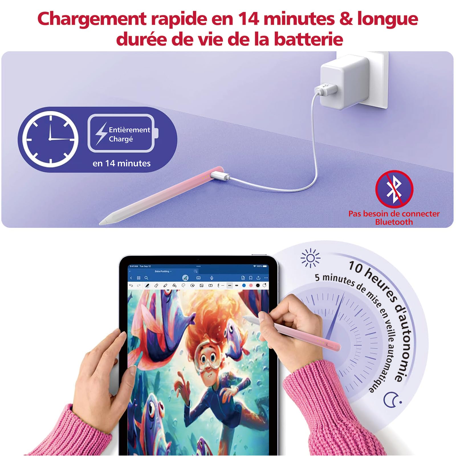 Stylet iPad 2018-2025, Charge Rapide 14 Min, Rejet Paume, Sensibilité Inclinaison, Stylo iPad 11/10/9/8/7/6, Pro 12.9/11/13 M4, Mini 6/5, Air 5/4/3/11-13 M2/M3 (Rose)